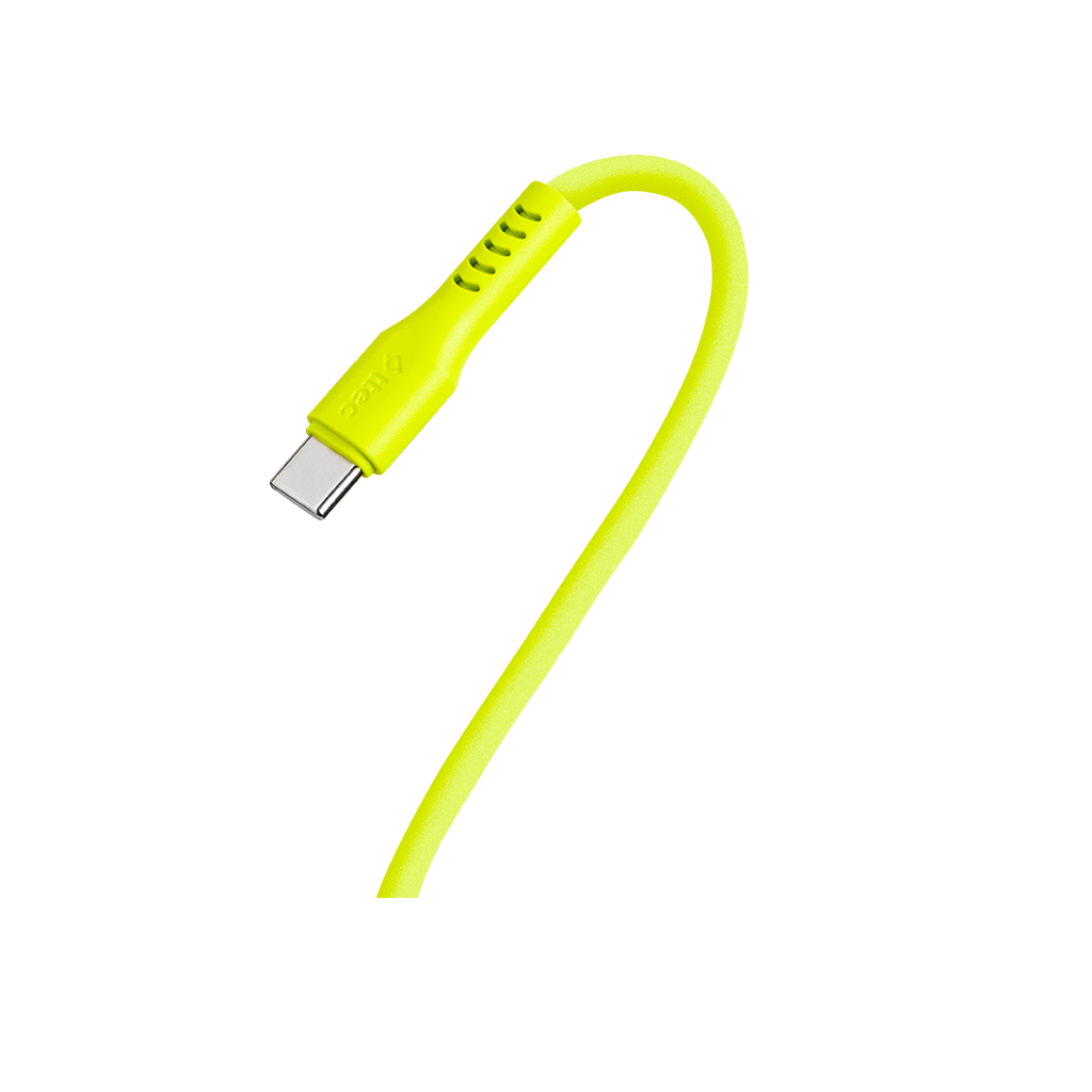 Parlak sarı USB-C şarj kablosu, ucunda bir konektör, siyah arka plan.