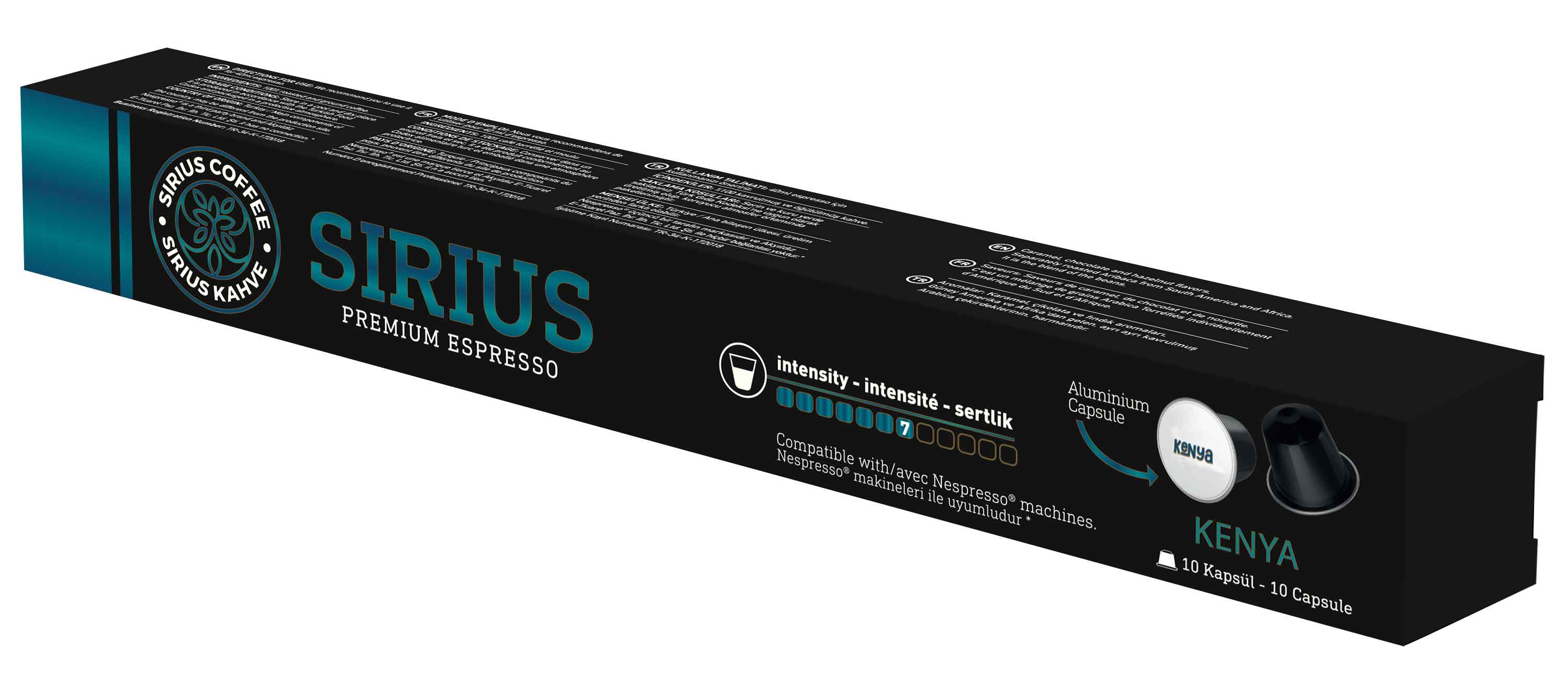 'Sirius Coffee' yazılı siyah ve mavi kahve kapsül kutusu. 'Kenya' etiketi.