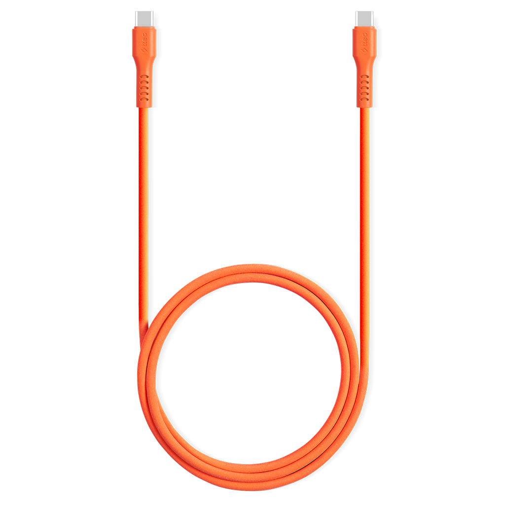 Siyah arka plan üzerinde döngüye sahip turuncu USB-C kablosu.