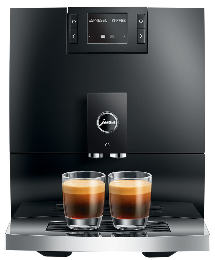 Czarny ekspres do kawy z ekranem, dwoma espresso i detalami kawy.