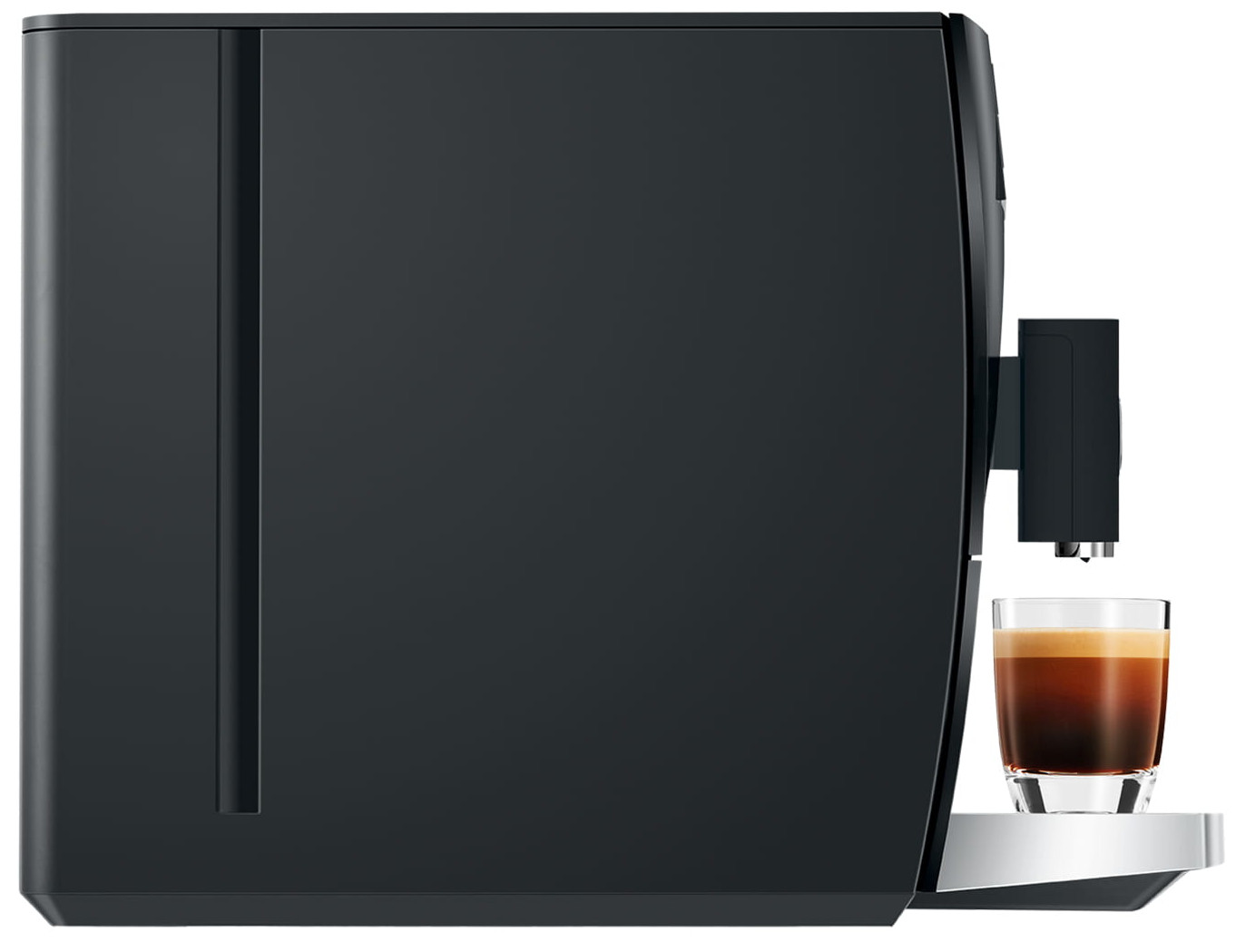 Czarny ekspres do kawy parzący kawę do szklanki. Białe tło. Widok z boku.