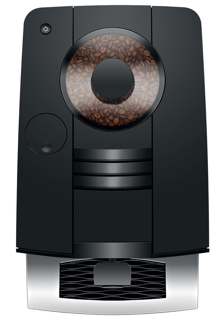 Czarny ekspres do kawy ze zbiornikiem na ziarna i metalową tacką ociekową.