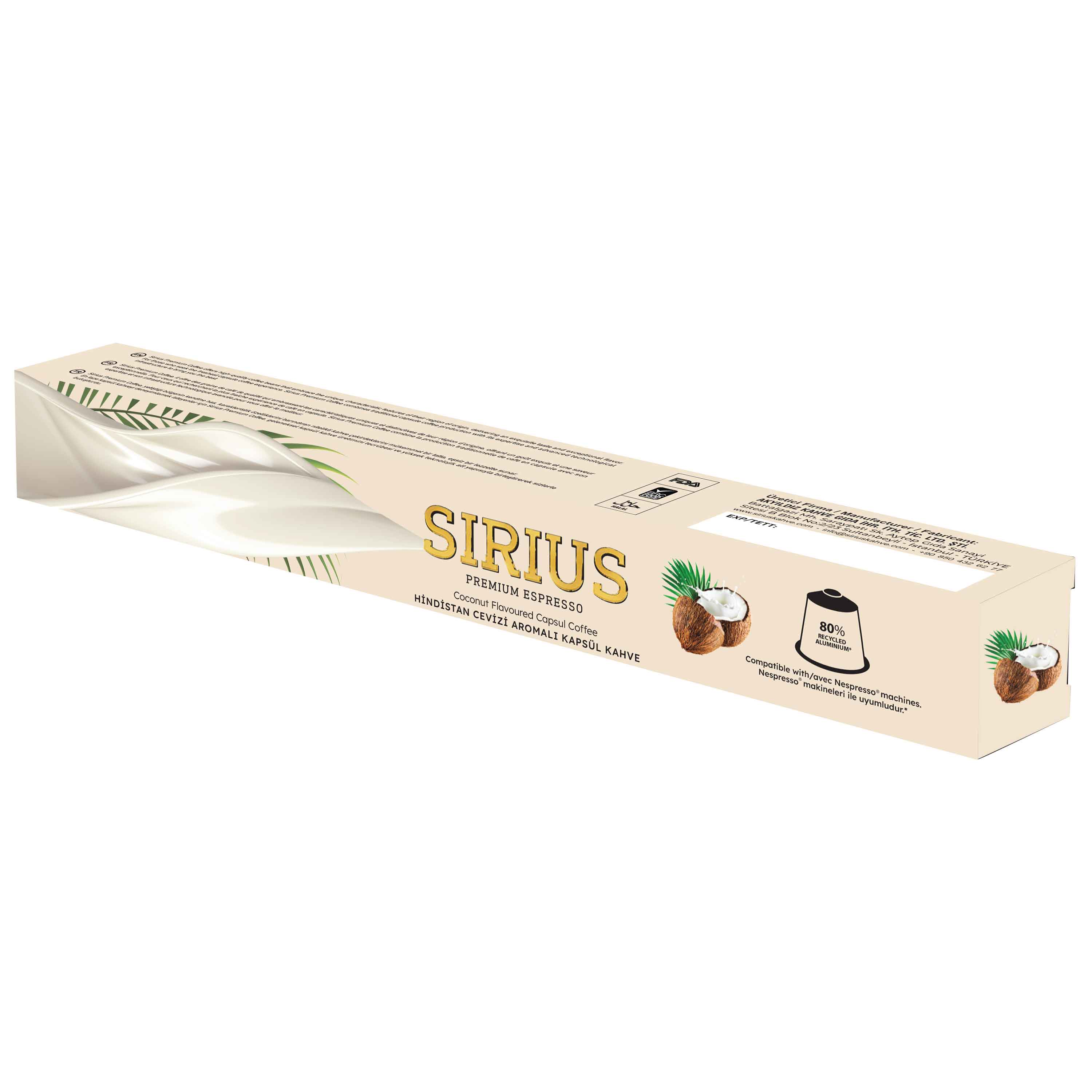 Hindistan cevizi resmi ile Sirius Premium Espresso Hindistan Cevizi Aromalı kahve kapsülleri kutusu.