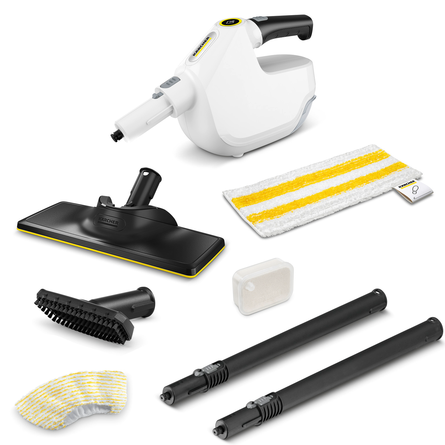 Myjka parowa z akcesoriami. Biało-czarny design, białe tło.