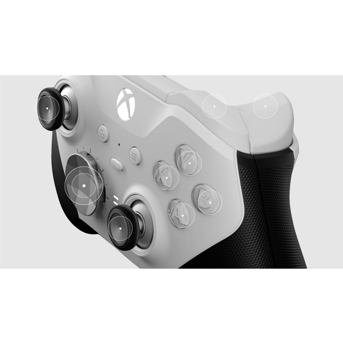 La parte trasera de un mando de videojuegos blanco con botones etiquetados.