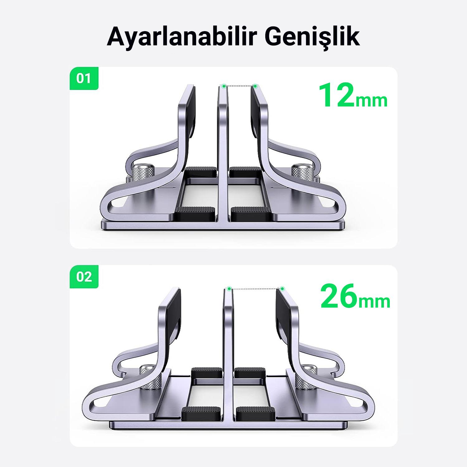 Dizüstü bilgisayar için ayarlanabilir genişlikte bir stand. İki ayar gösteriliyor, 12 mm ve 26 mm.