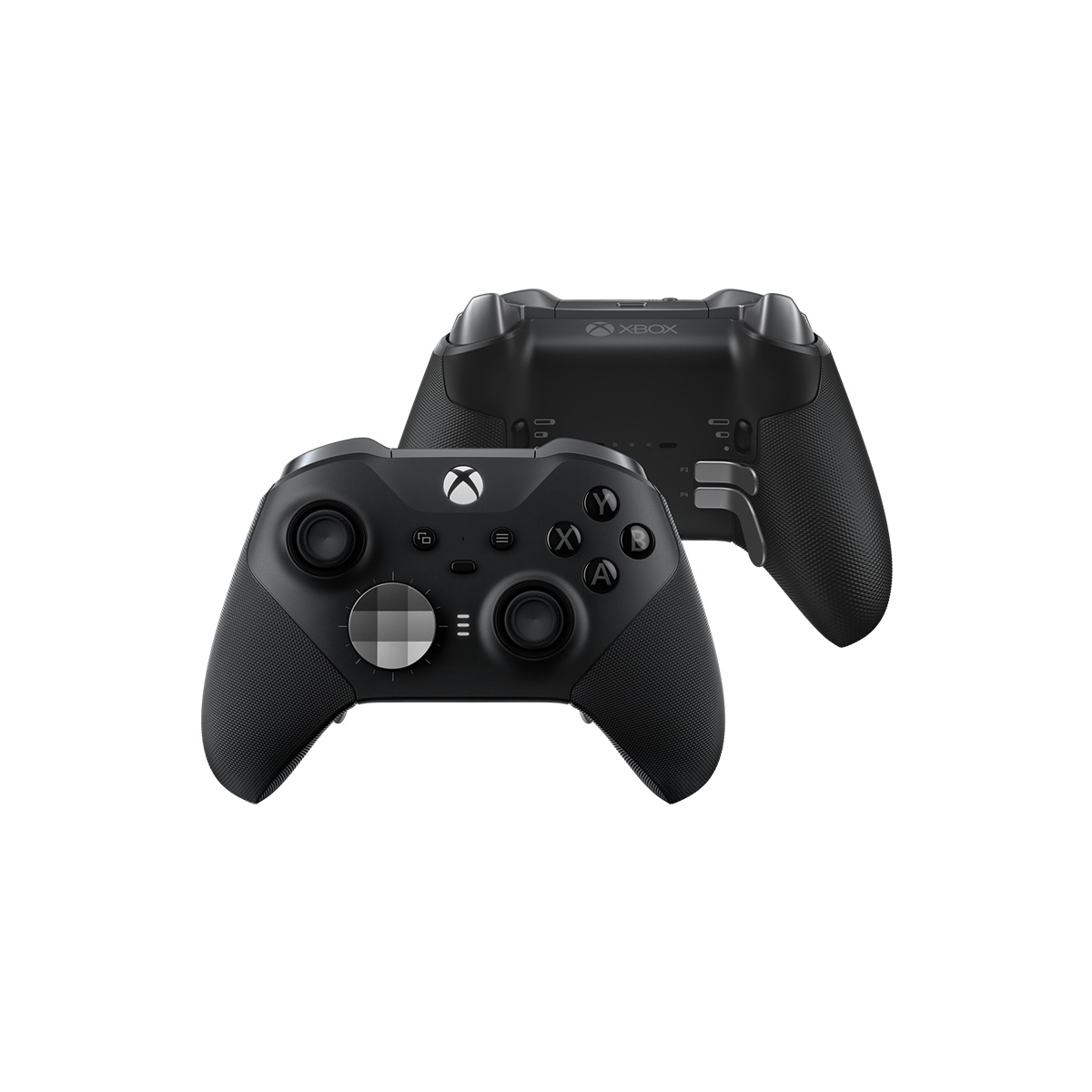Mando inalámbrico Xbox Elite Series 2 Microsoft negro con Bluetooth, vista frontal y trasera, agarre de goma, gatillos, bloqueo y joysticks ajustables