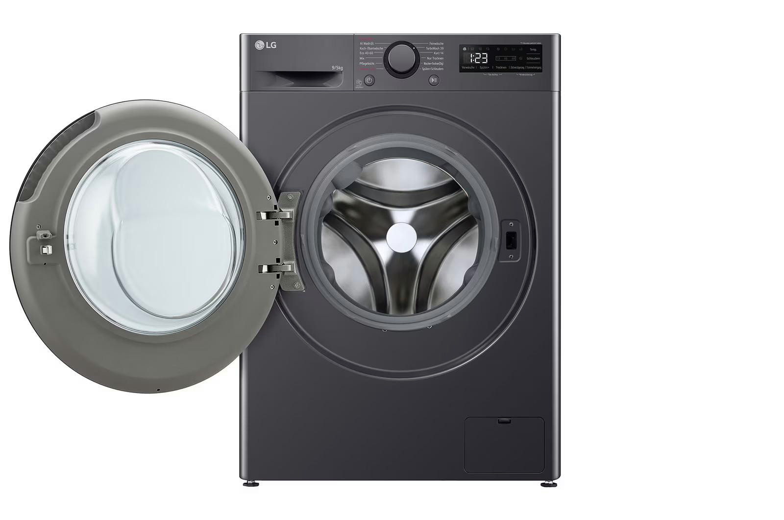 Waschmaschine mit offener Tür. Die Maschine ist dunkelgrau.