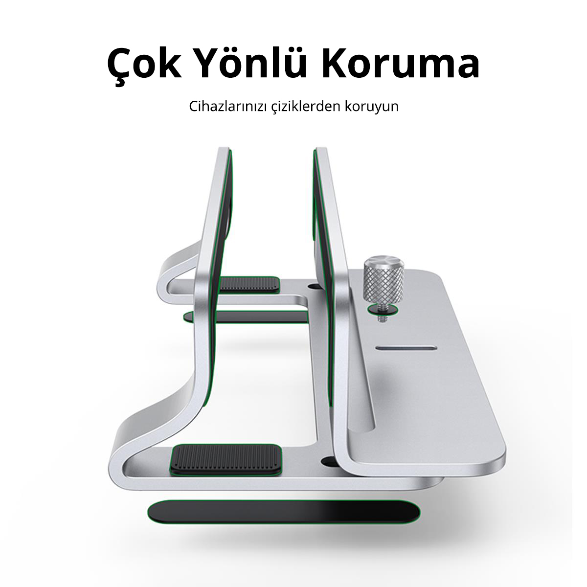 Koruyucu tasarımlı gümüş bir dizüstü bilgisayar standı. Türkçe metin, cihazın çizilmelere karşı korunmasını vurgular.