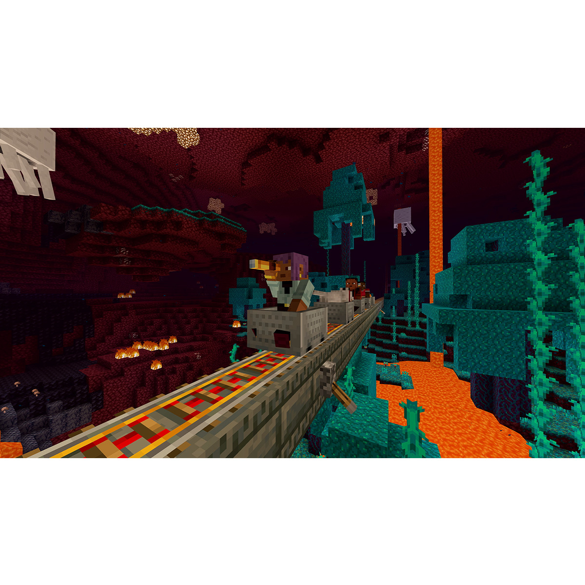 Escena de Minecraft con tren, lava y estructuras en un entorno rojo.