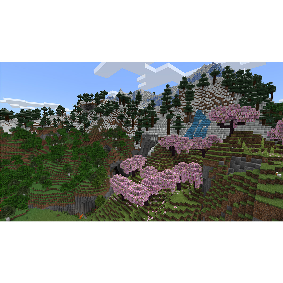 Una escena de Minecraft con árboles, montañas y una cascada.