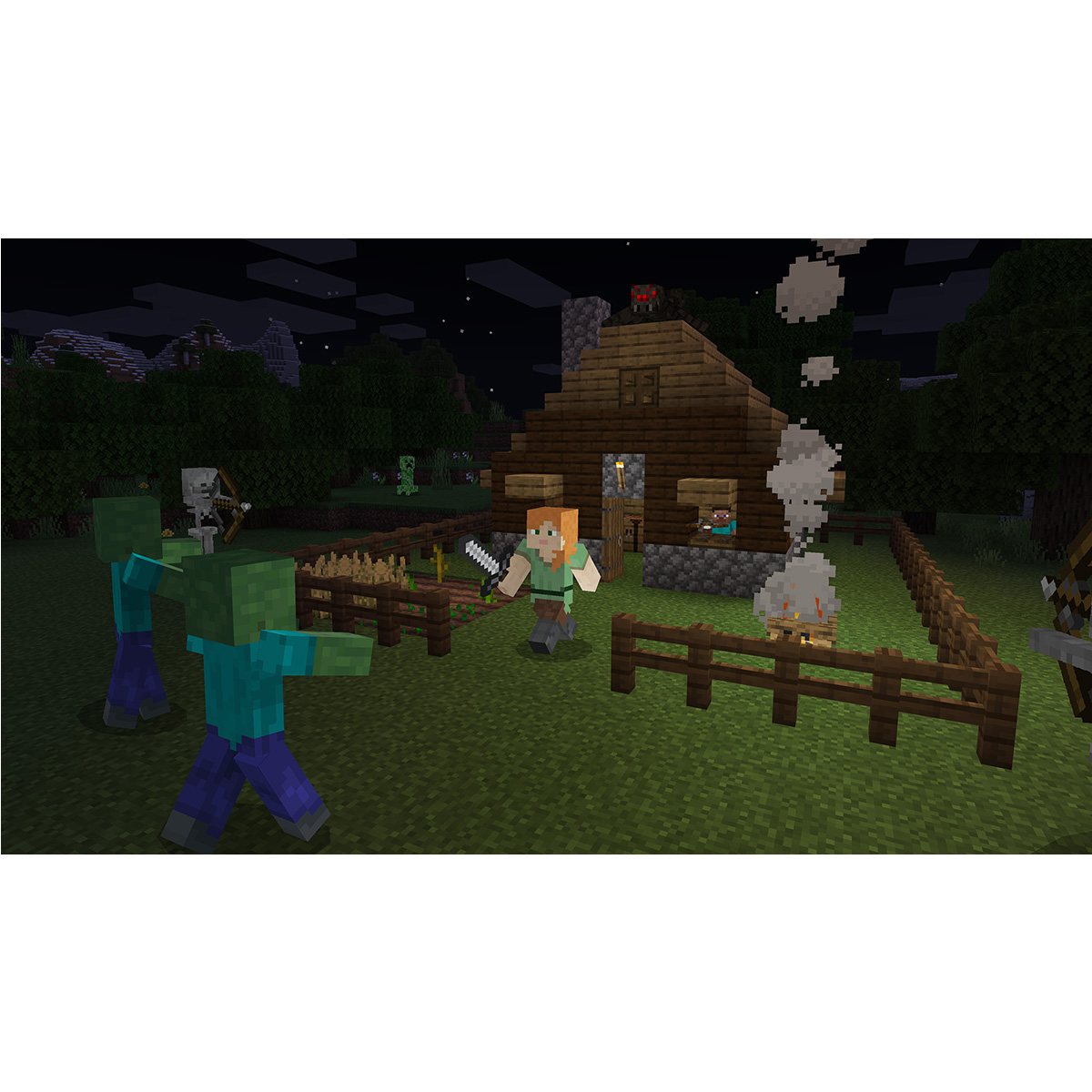Escena de Minecraft con una casa, zombis y un personaje con espada.