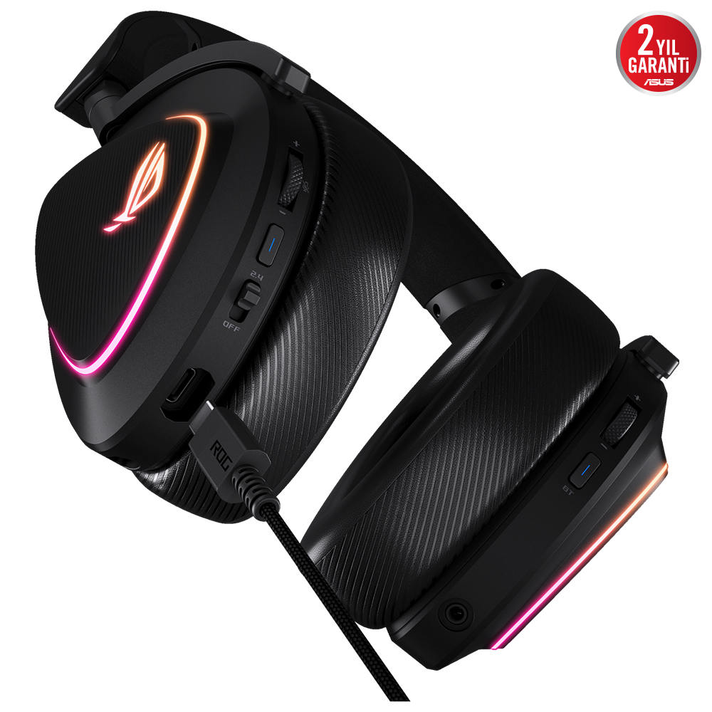 RGB aydınlatmalı, kablolu ve marka logolu siyah oyun kulaklığı.
