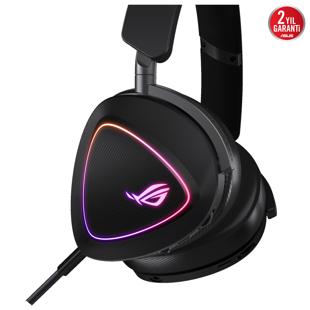 RGB aydınlatmalı ve 2 yıllık garanti rozetli siyah kulaklık.