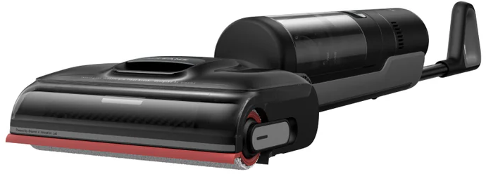 Ein schwarzer und grauer Staubsaugerkopf mit roter Bürste, der sein Design und seine Merkmale zeigt.