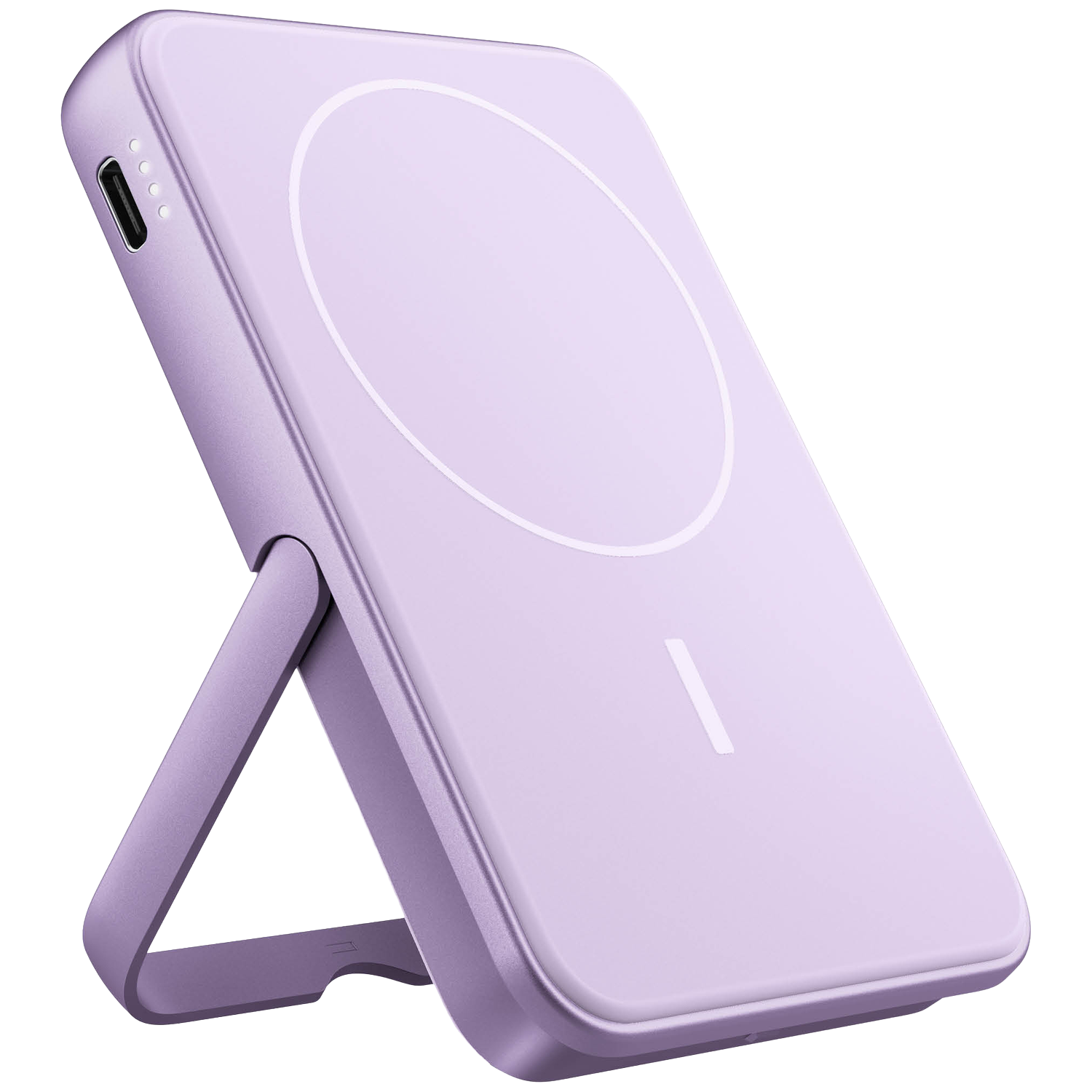 A purple wireless charger with a stand is shown. It has a circular charging area and a USB-C port.