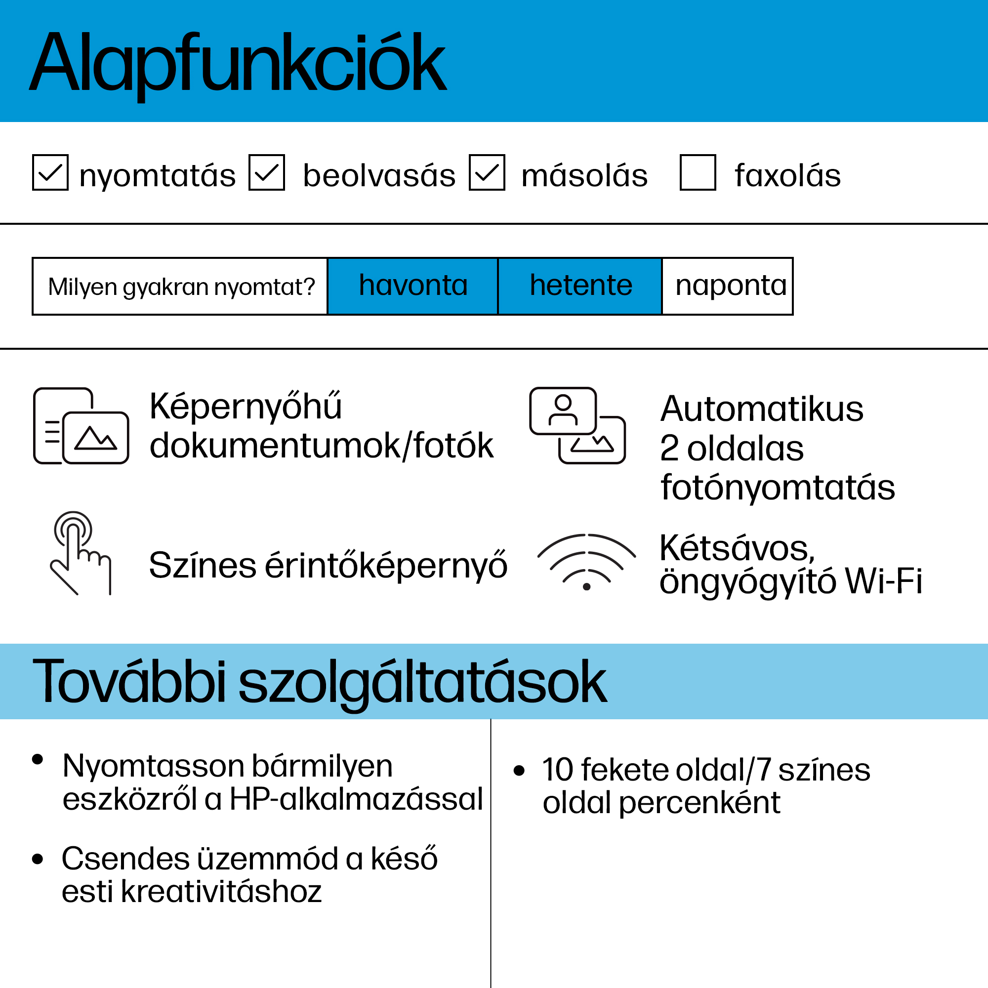 Kép nyomtató funkcióival kapcsolatos szöveggel és ikonokkal.