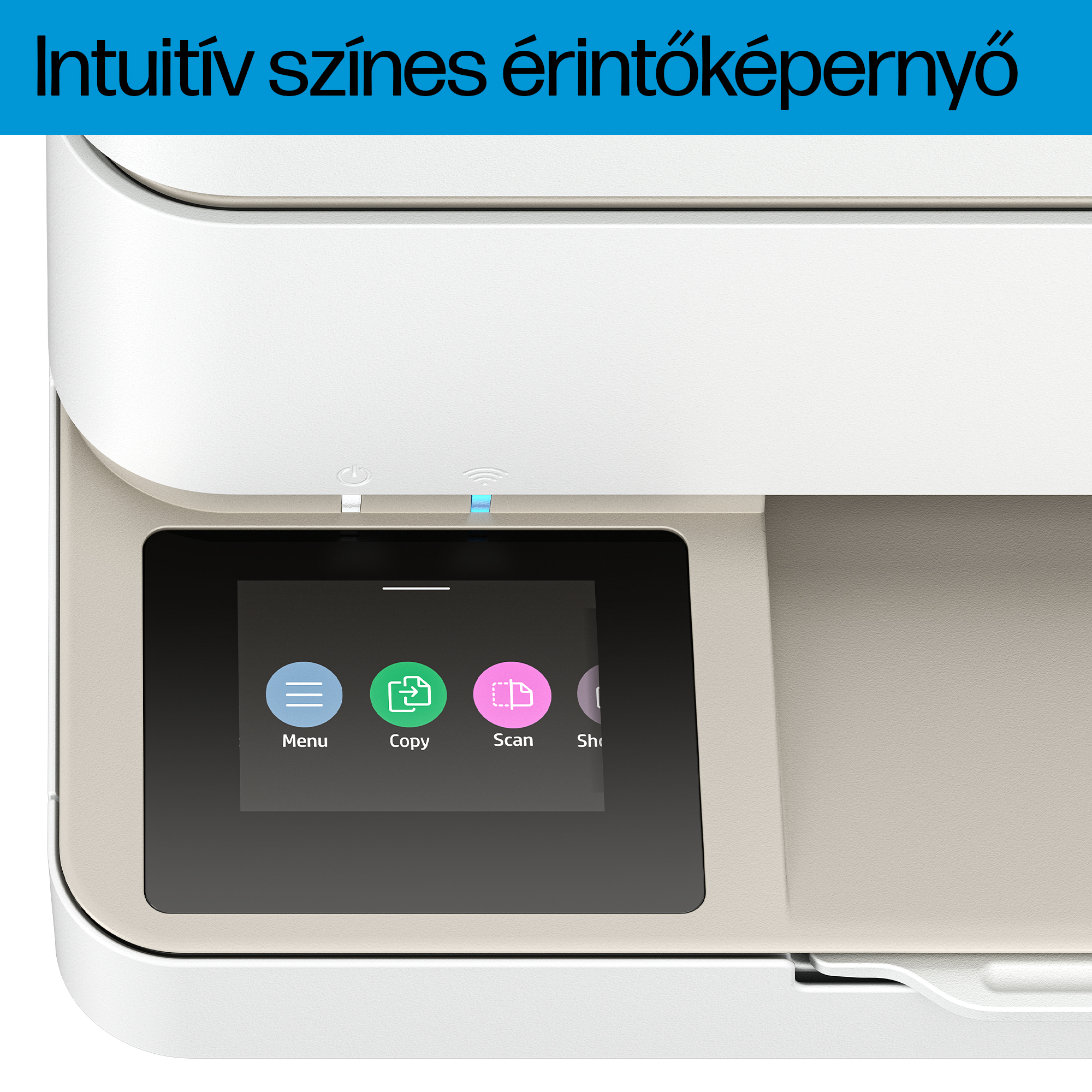 Egy nyomtató érintőképernyővel, amelyen a menü, a másolás, a beolvasás és a megosztás látható.