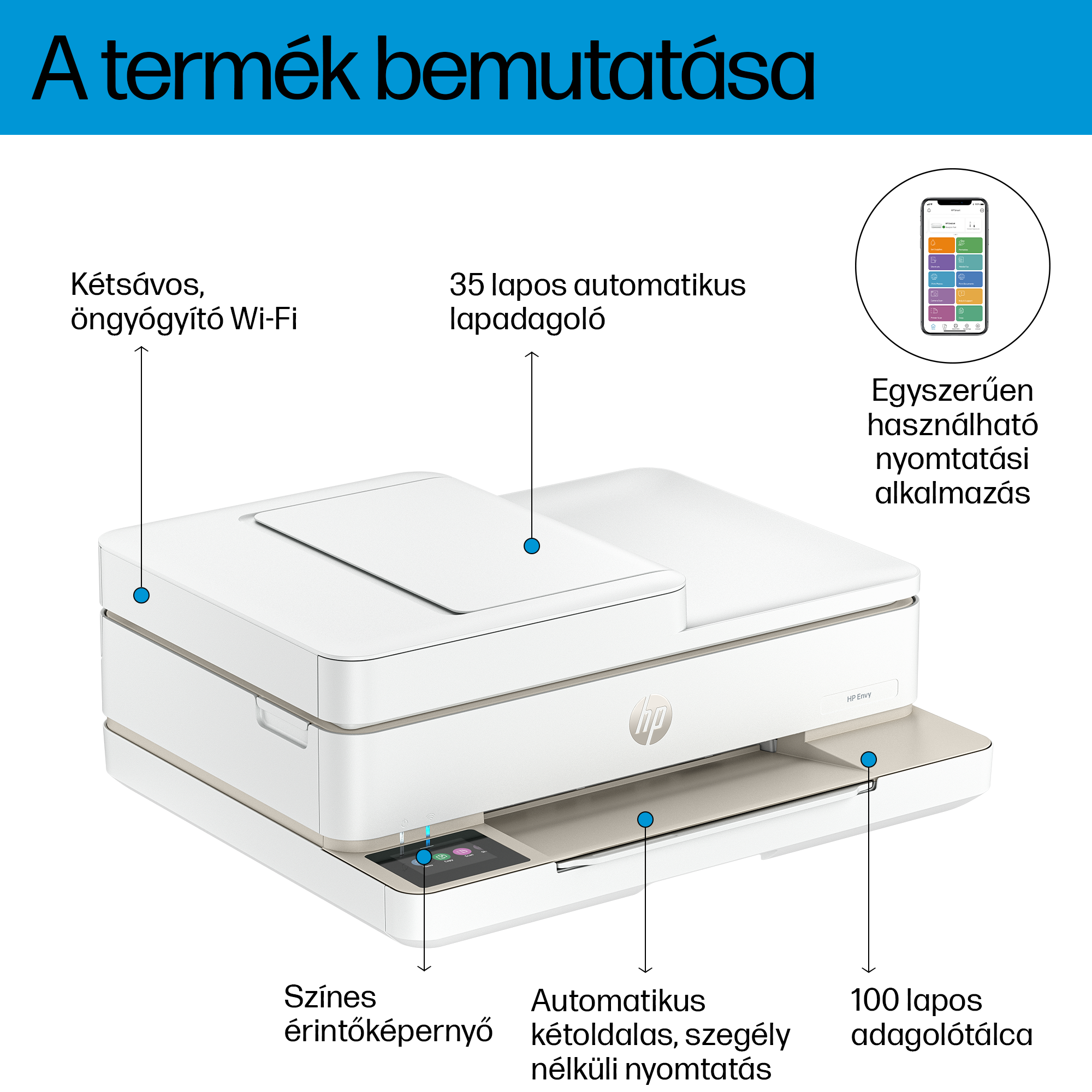 Egy fehér nyomtató kék kijelzővel, a funkciókra és a szövegre mutató nyilakkal.