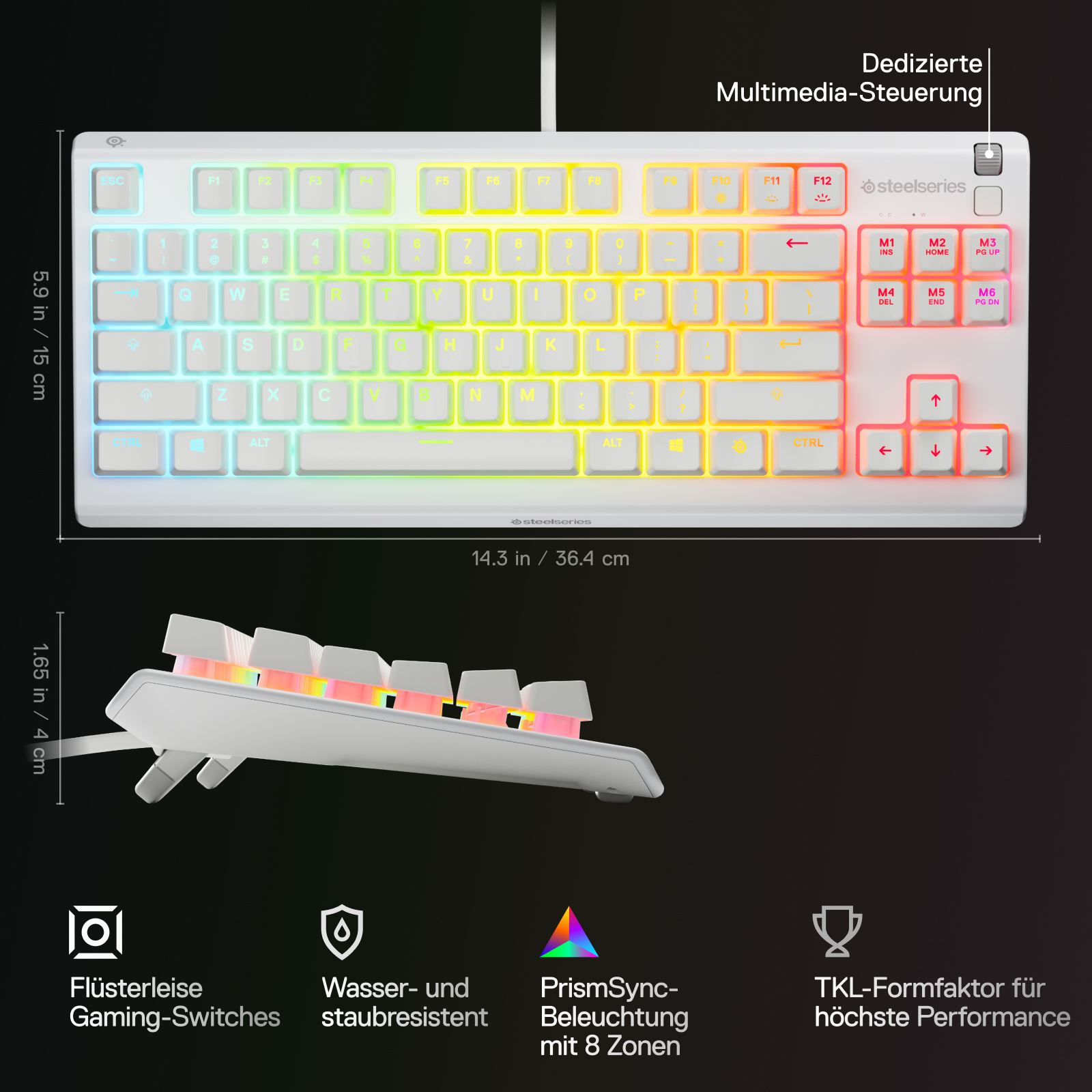 Weiße mechanische Tastatur mit regenbogenfarbenen Tasten. Maße sind sichtbar. Features sind Gaming-Switches und Prism-Beleuchtung.