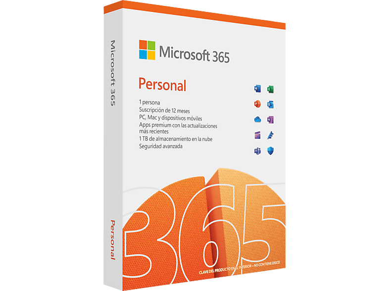Microsoft 365 Personal, 12 meses, 1 persona, Aplicaciones Premium de Office, 1TB almacenamiento, para PC/Mac/Android/iOs (Formato físico)