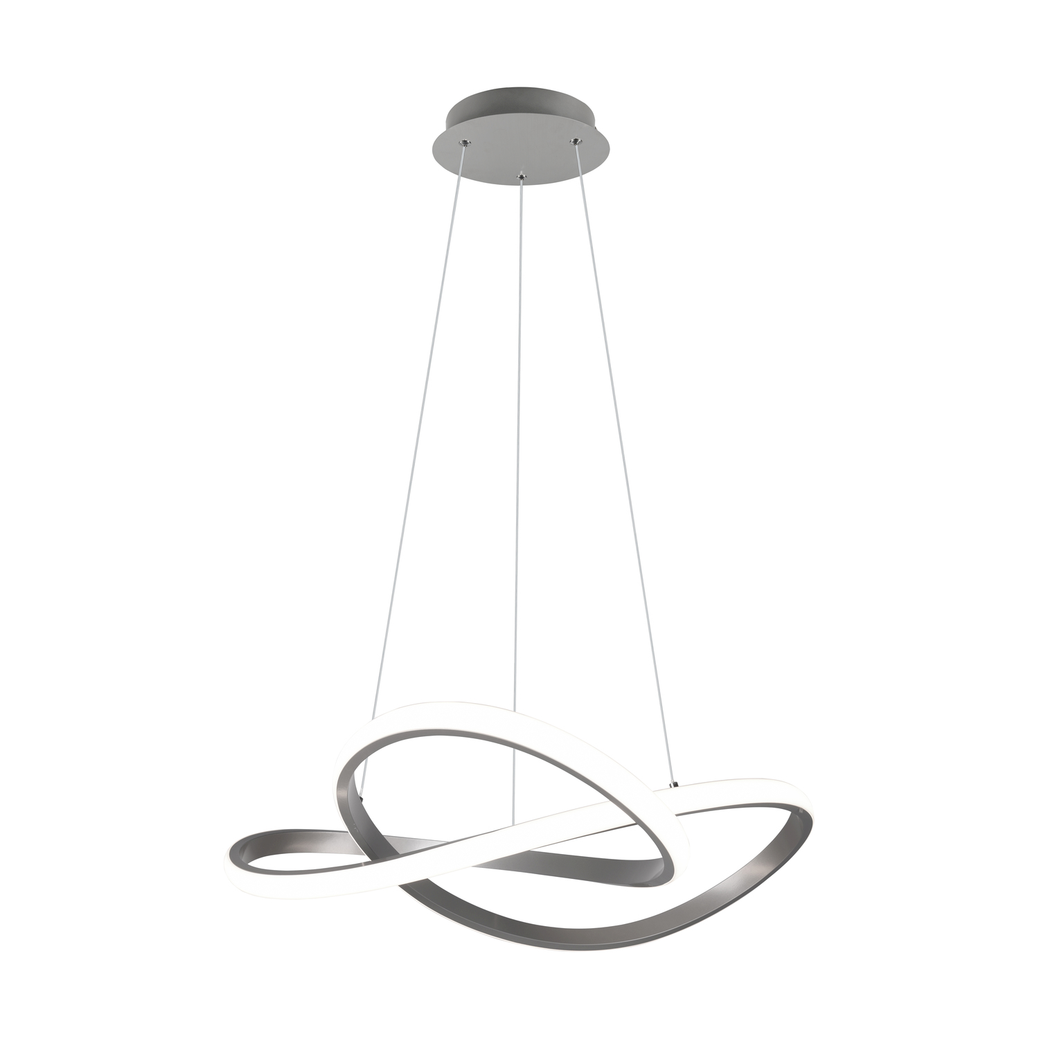 Lampada a sospensione moderna con due fasce argentate, ad anello e intersecanti, sospese al soffitto.