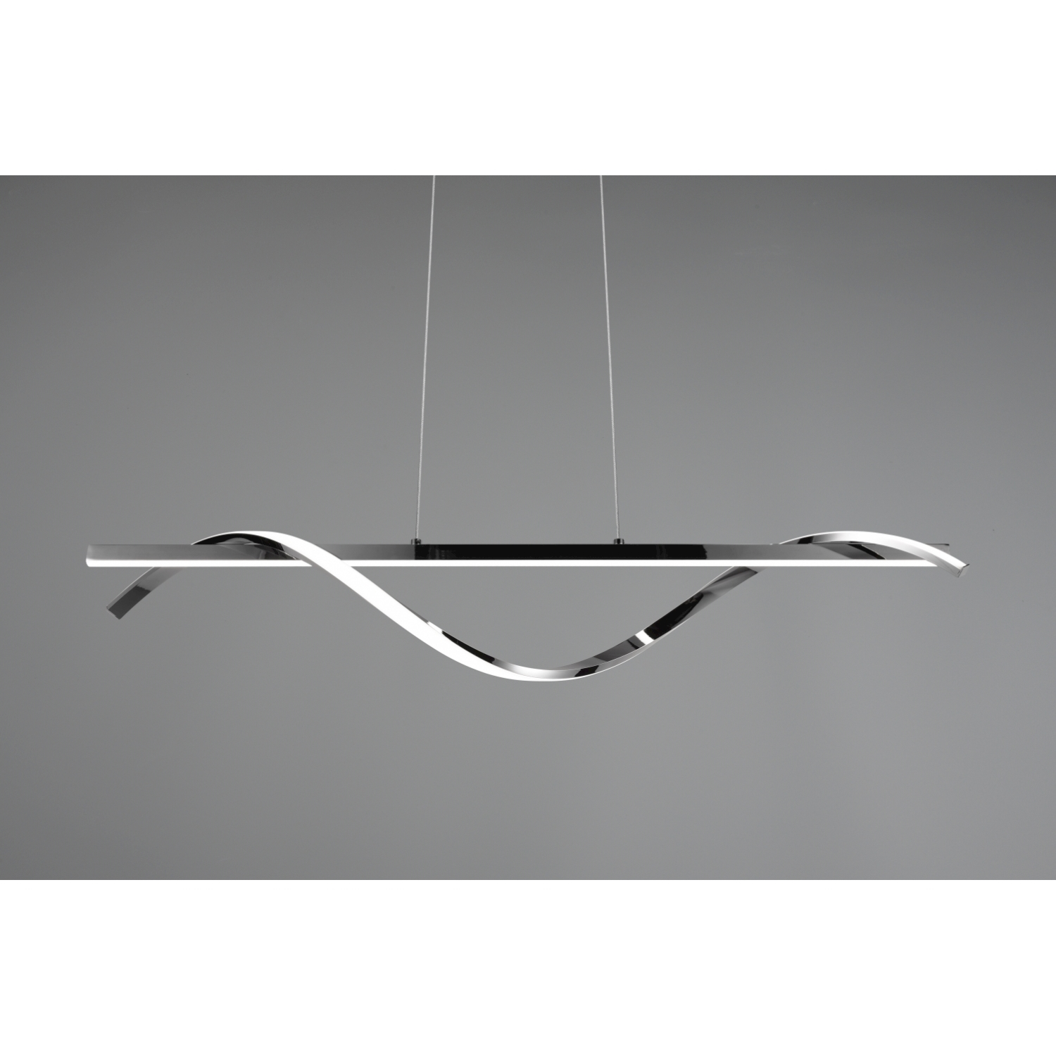 Moderno apparecchio di illuminazione a LED argento e nero, appeso al soffitto, con uno sfondo grigio.