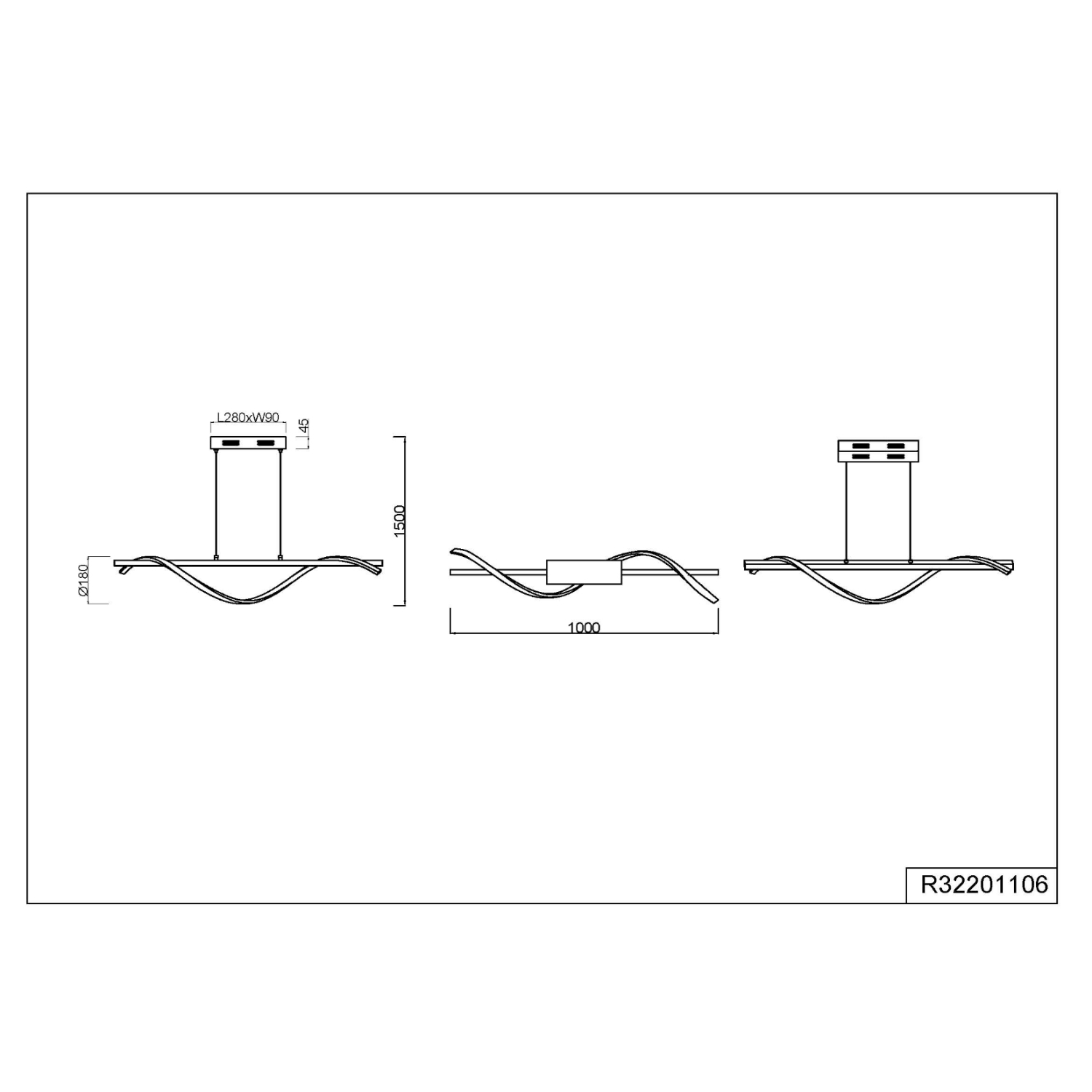 Disegno tecnico di un lampada da soffitto con dimensioni e misure.