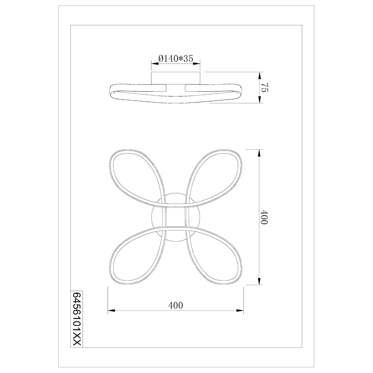 Una vista dall'alto del design di un apparecchio di illuminazione a soffitto. Ha una forma a fiore con dimensioni indicate.
