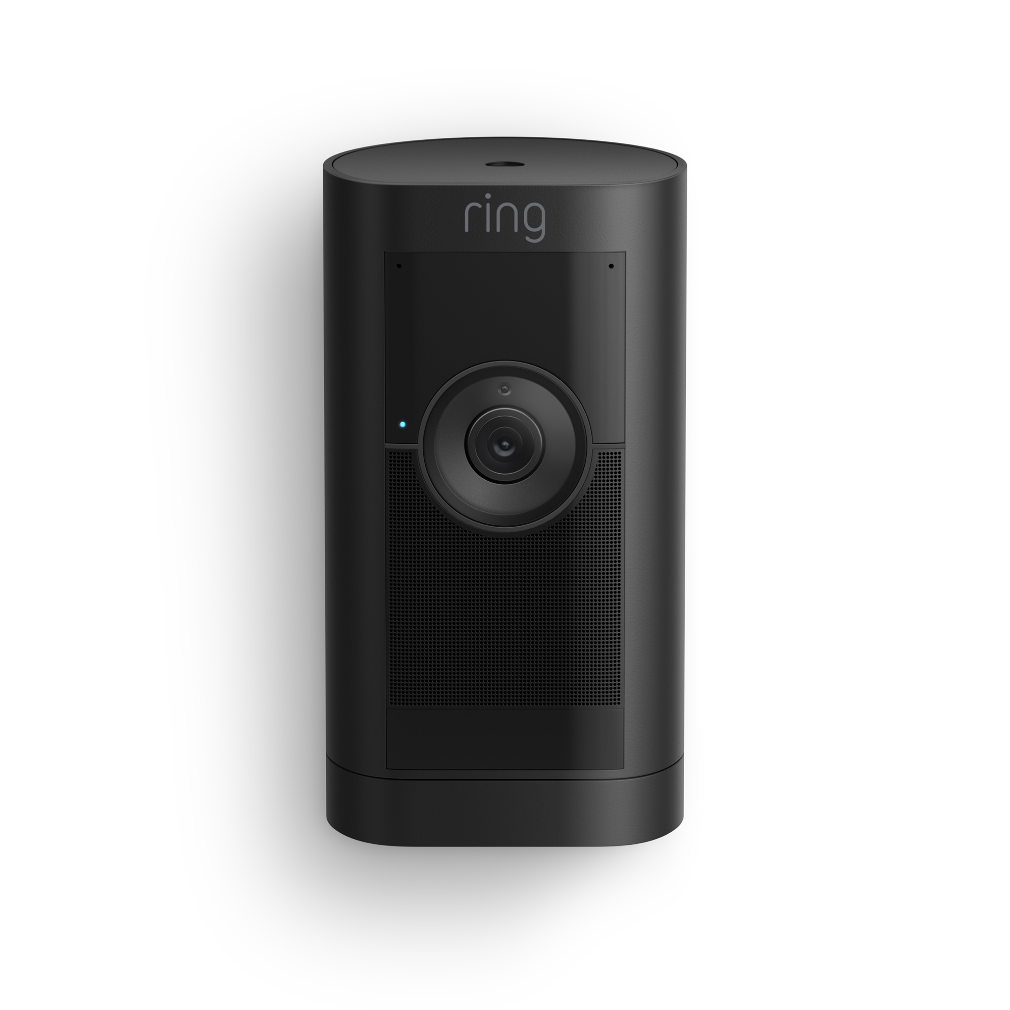 Eine schwarze Ring-Sicherheitskamera ist an einer weißen Wand montiert. Sie hat ein schlankes, minimalistisches Design.