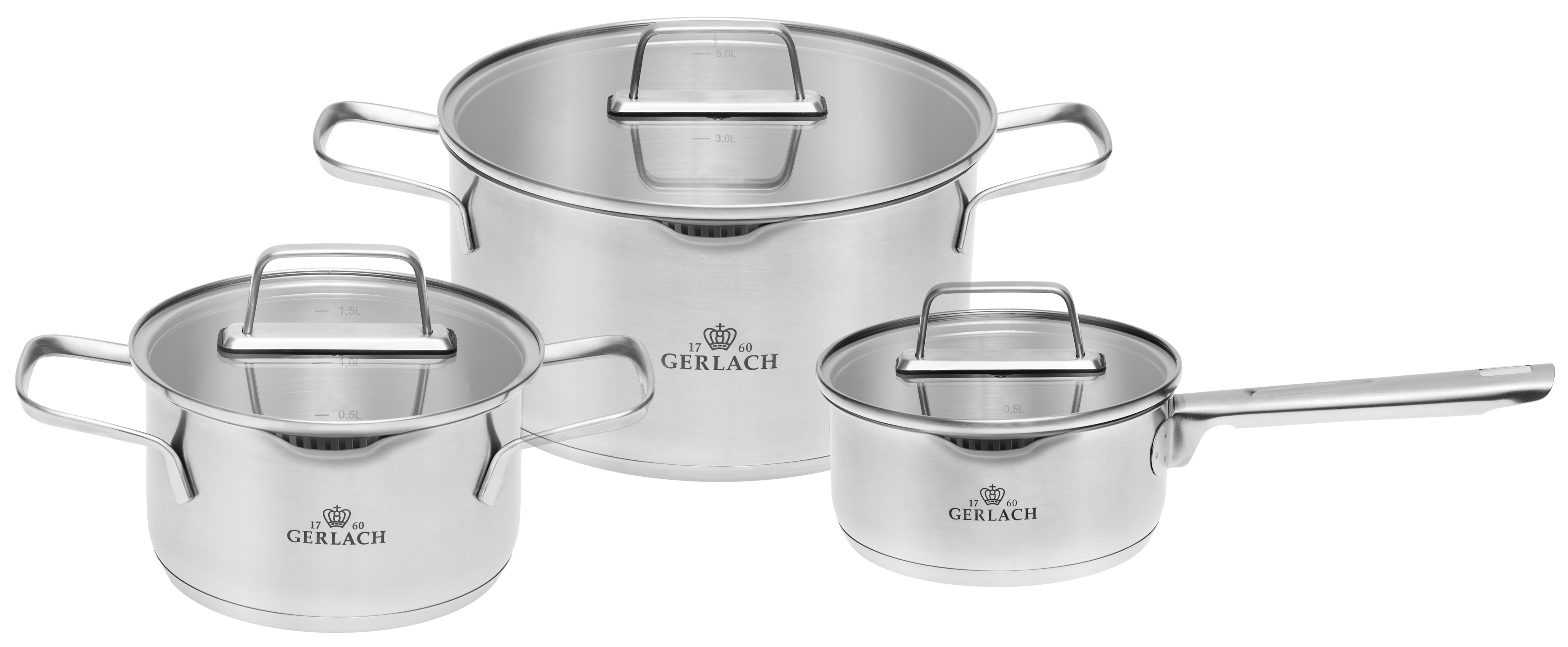 Garnki ze stali nierdzewnej ze szklanymi pokrywkami. Trzy rozmiary.