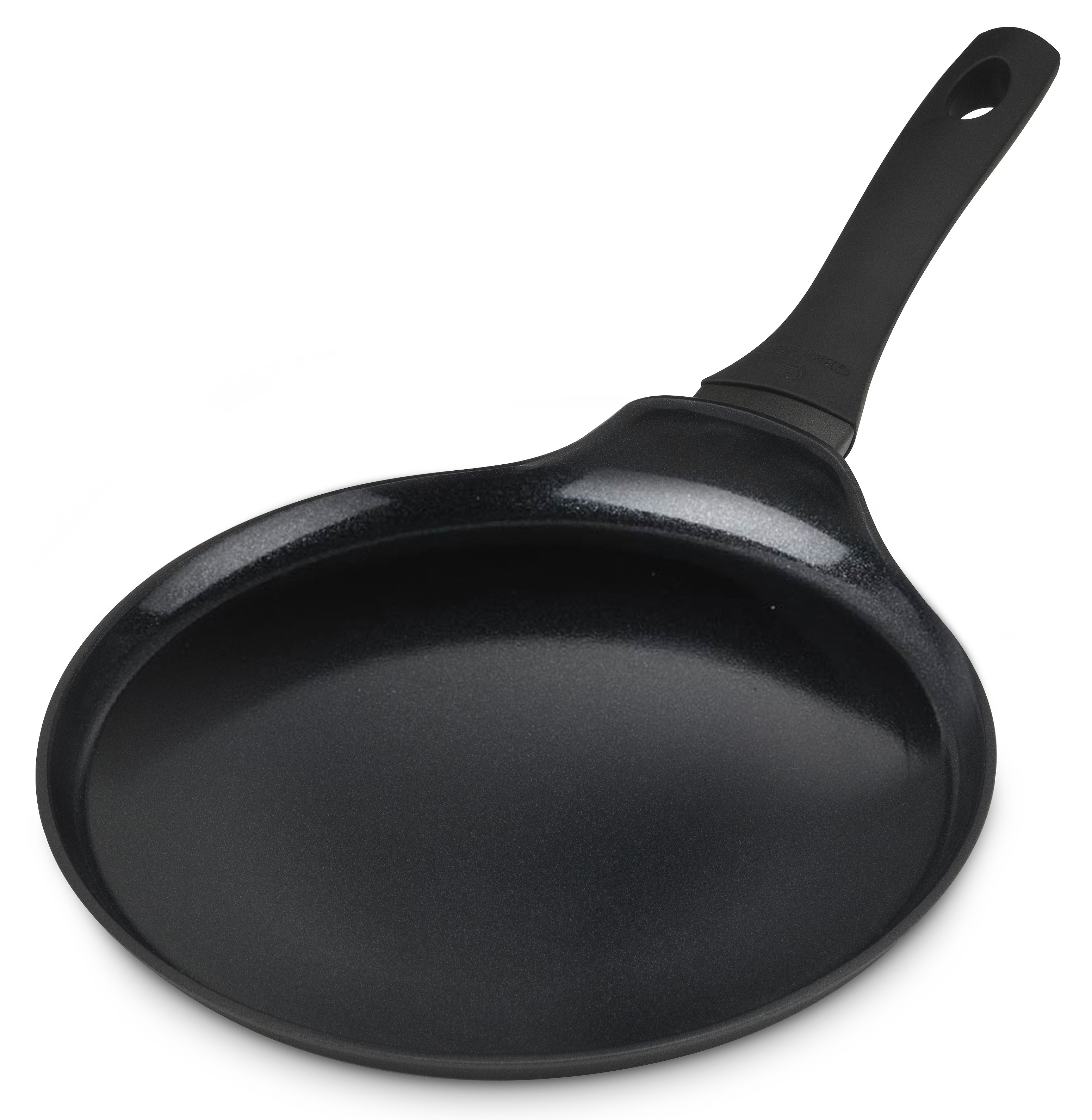 Czarna patelnia nieprzywierająca z długim czarnym uchwytem.
