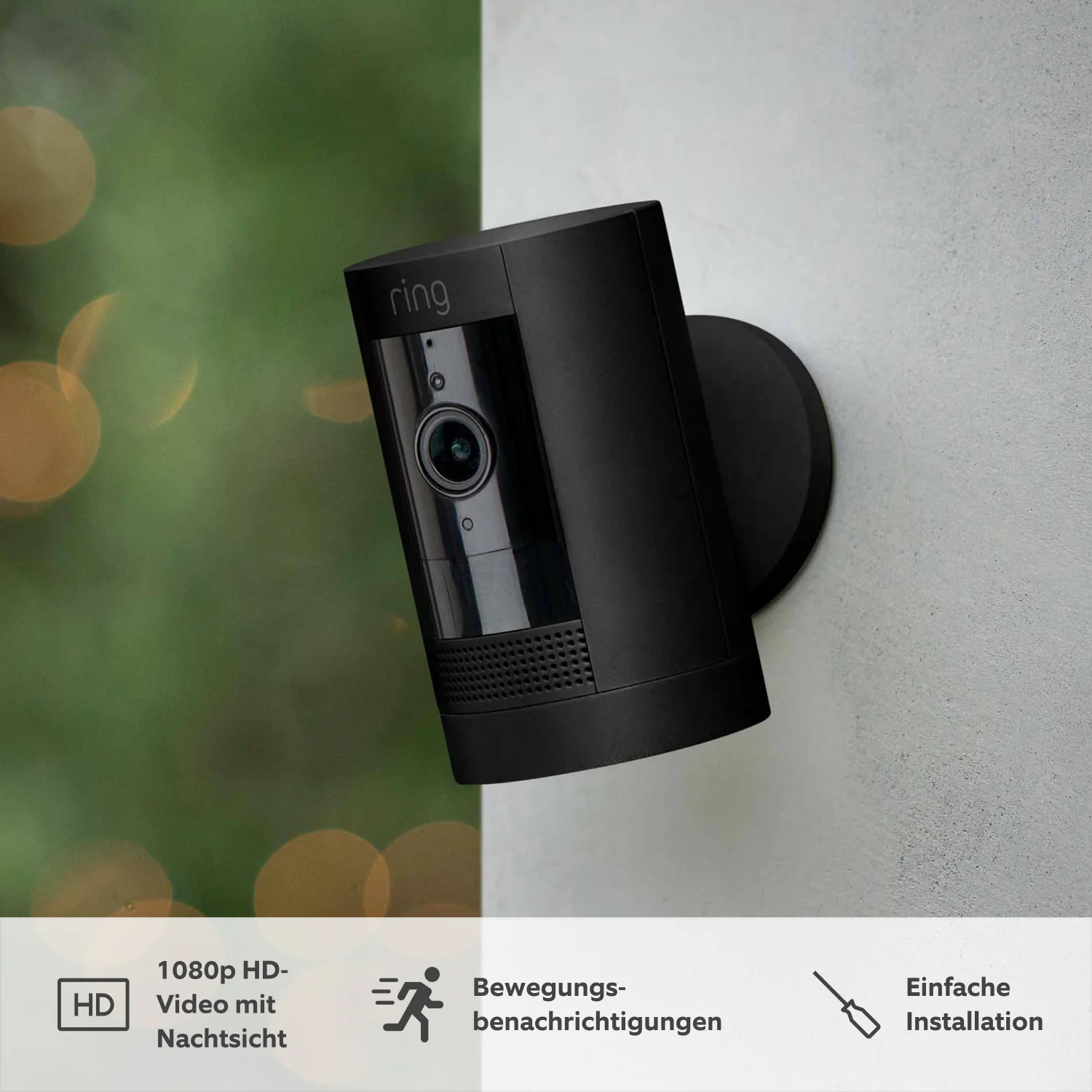 Schwarze Ring-Kamera an der Wand montiert. Text zeigt: 1080p HD, Bewegungsmeldungen und einfache Installation.
