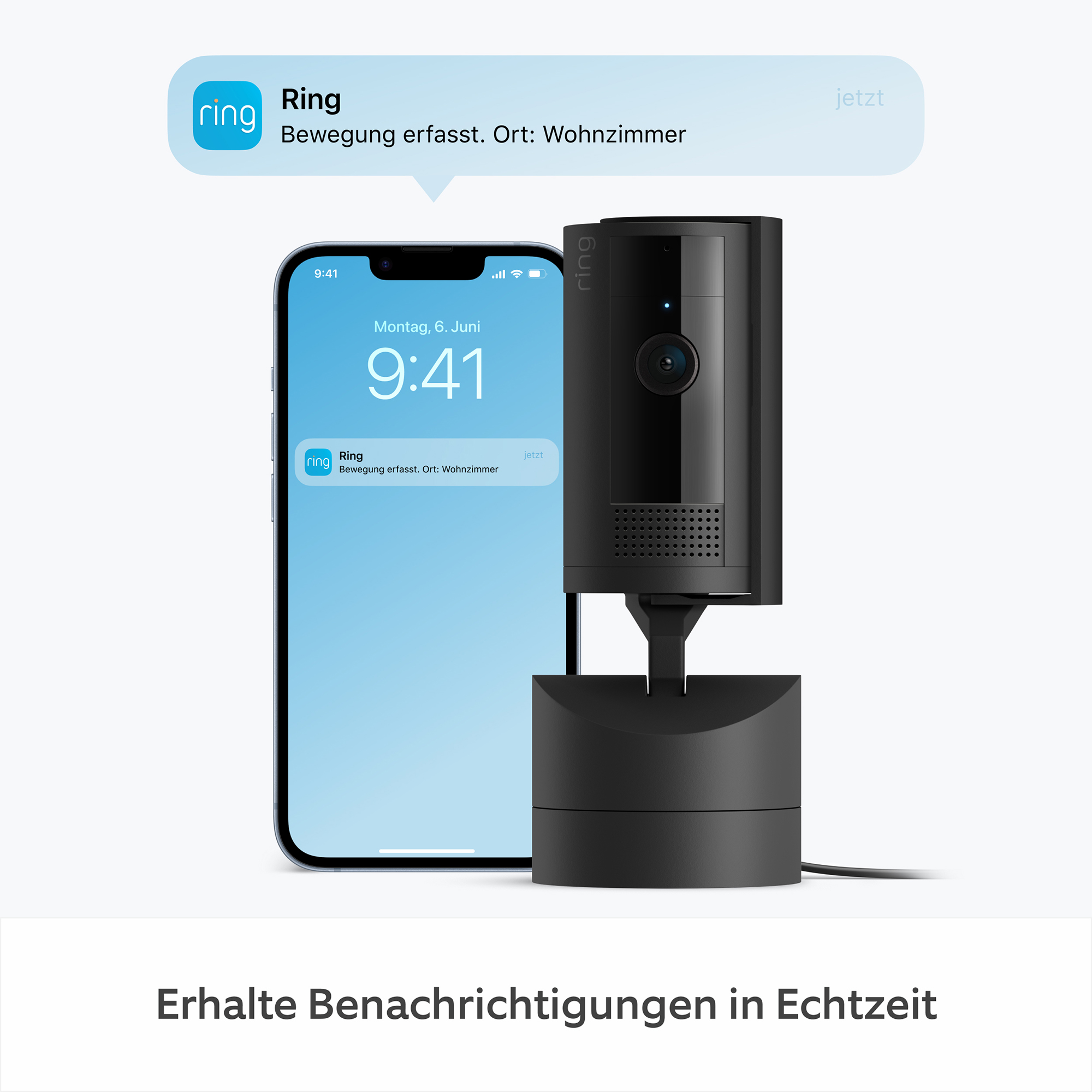 Eine Ring-Sicherheitskamera und ein Telefon, das eine Benachrichtigung über erkannte Bewegung zeigt.