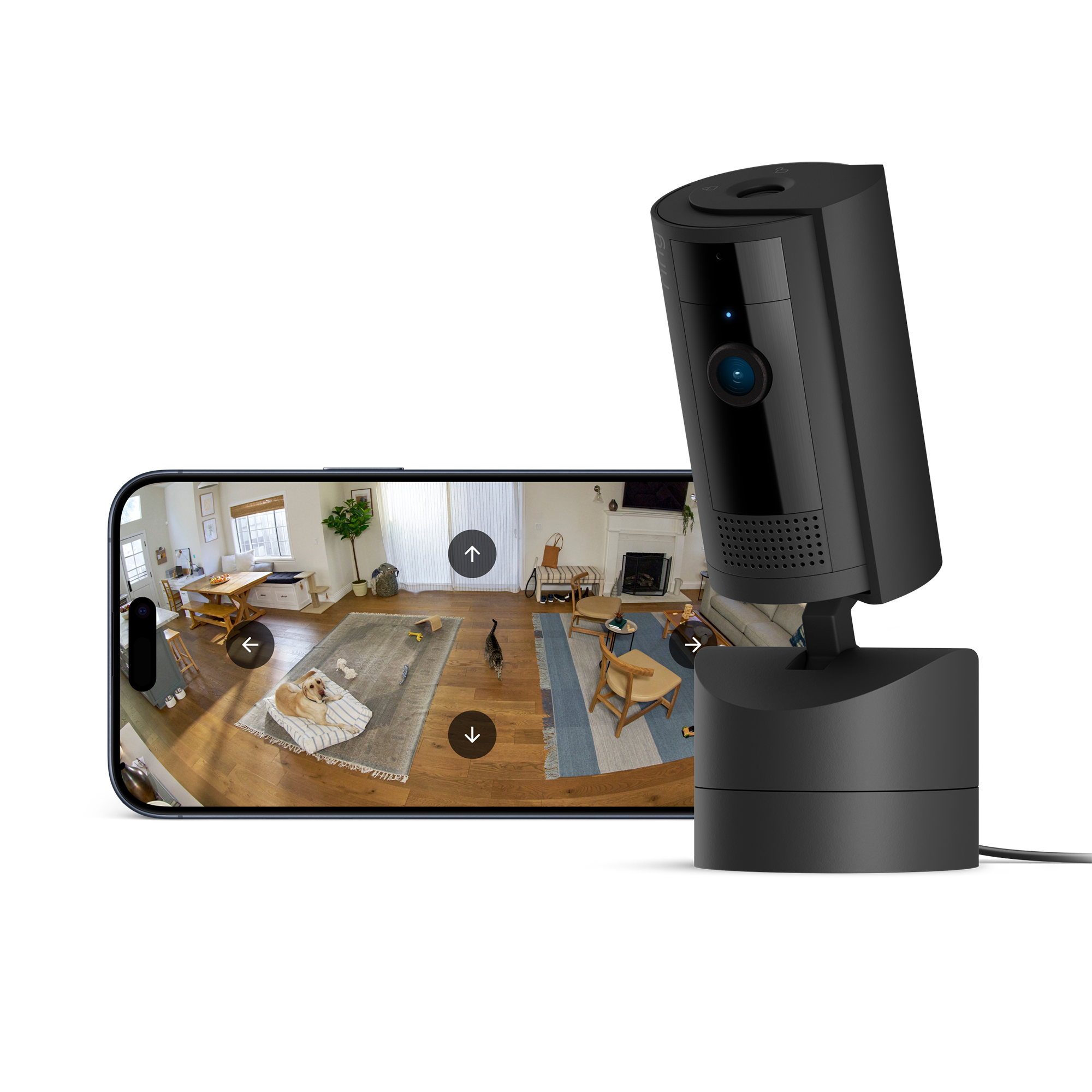 Eine schwarze Überwachungskamera und ein Smartphone, das das Wohnzimmer zeigt.
