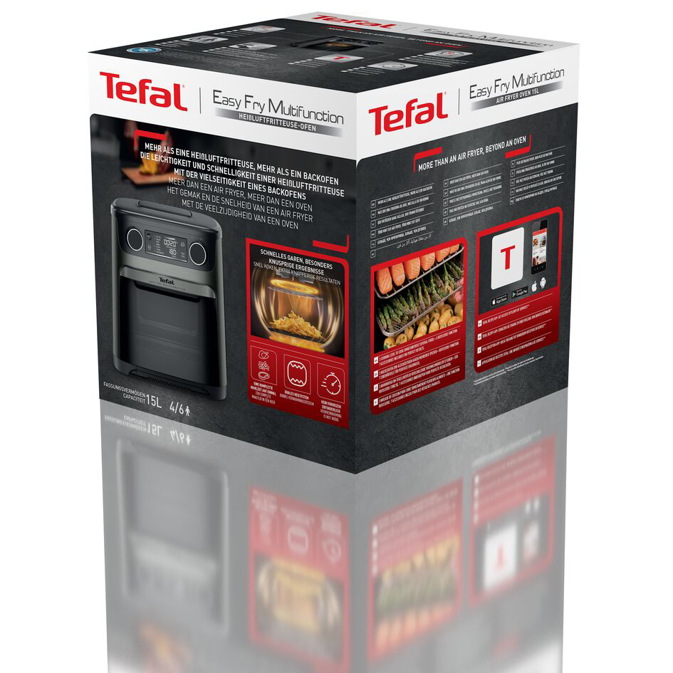 Fekete légkeveréses sütő doboza a Tefal márkával.