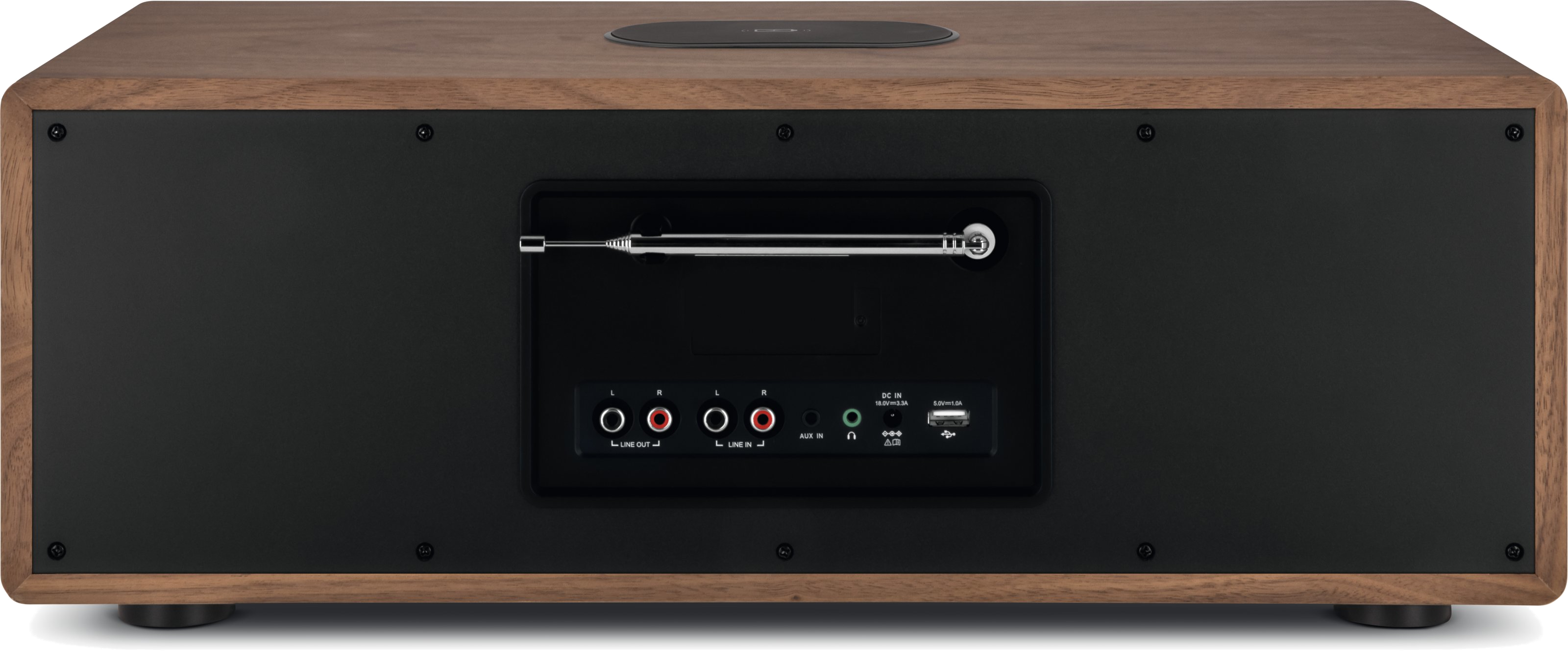 Drewniana tylna strona głośnika z wejściami, anteną i czarnym panelem.