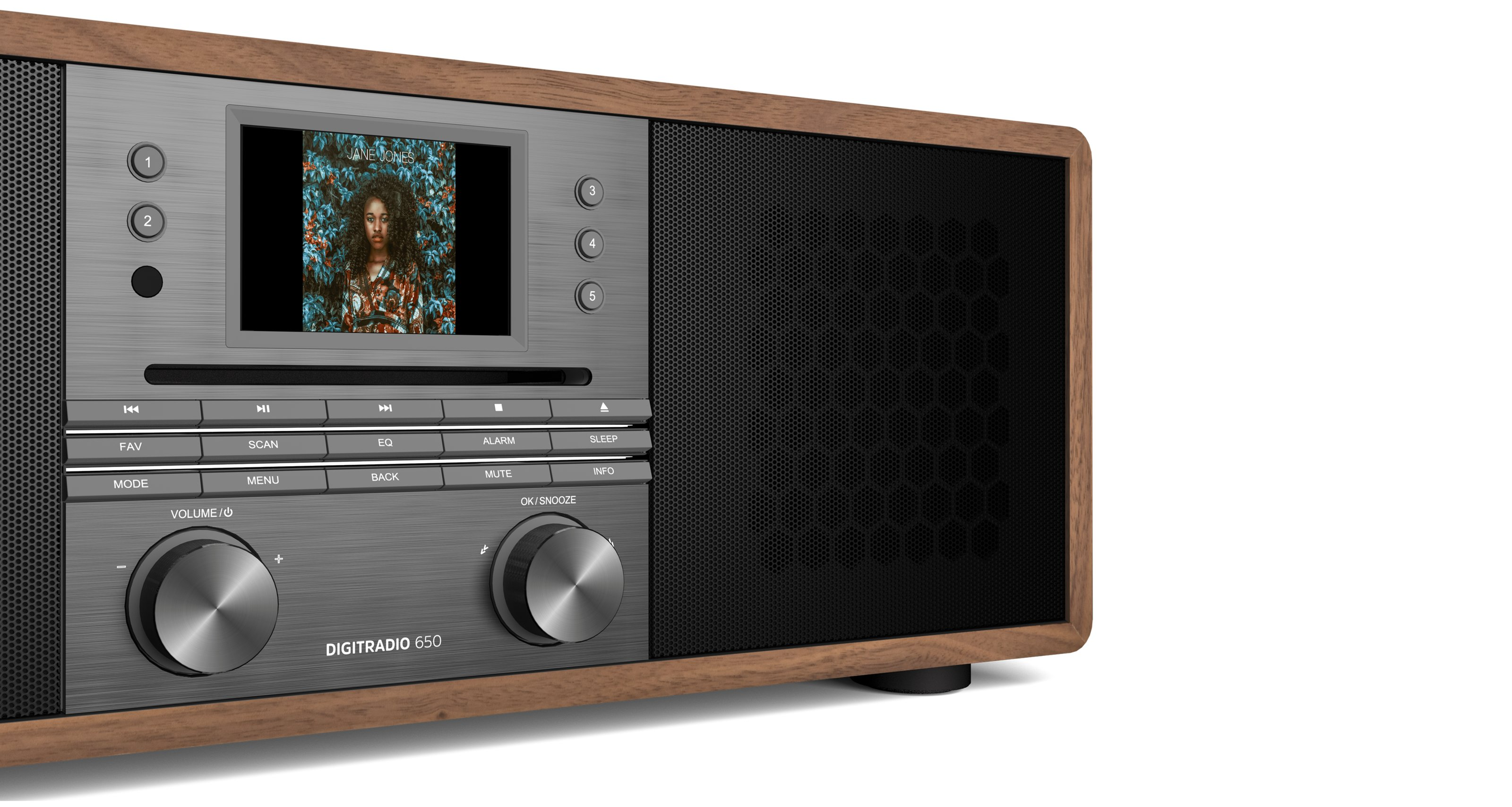 Radio DigiRadio 650 z ekranem wyświetlającym obraz, z drewnianymi akcentami.