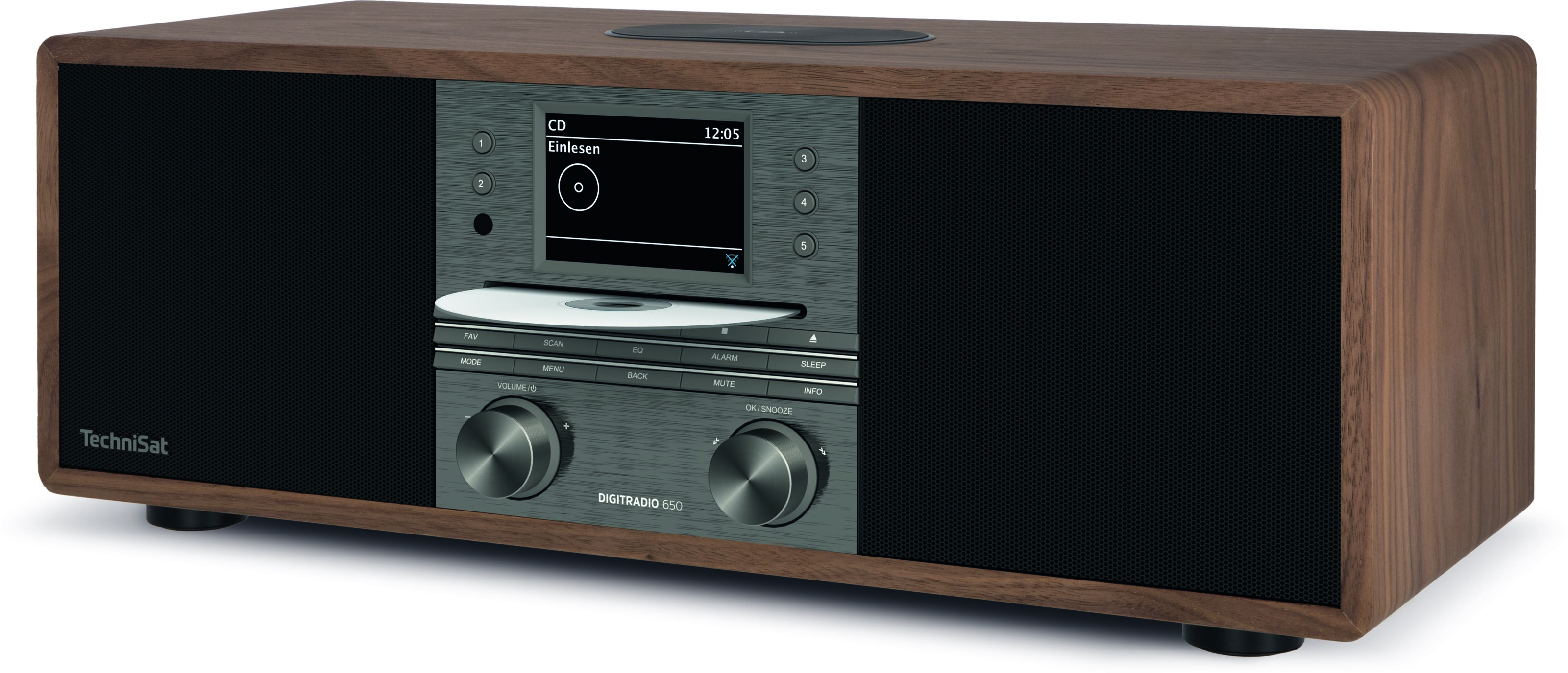 Drewniane TechniSat DigiRadio 550. Posiada wyświetlacz i przyciski do sterowania oraz odtwarzacz CD.