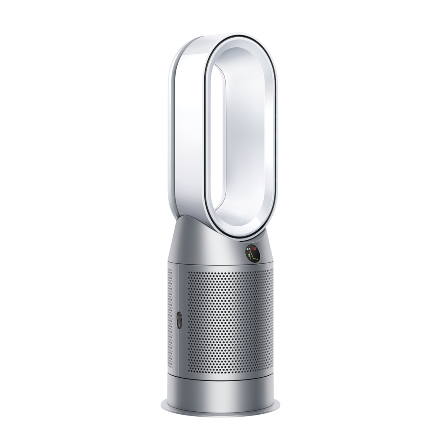 Een zilveren en witte bladeless ventilator, staand op een ronde voet. De ventilator is ovaal van vorm.