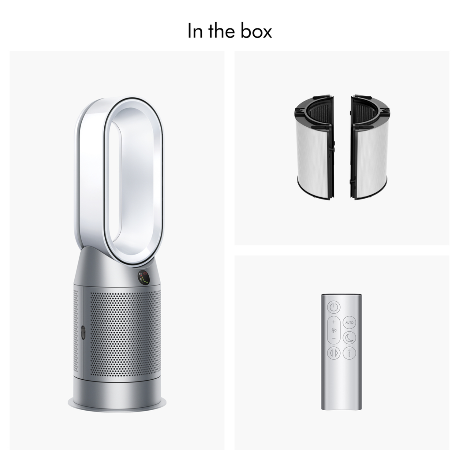 Een Dyson luchtreiniger, twee filters en een afstandsbediening worden op een witte achtergrond getoond.