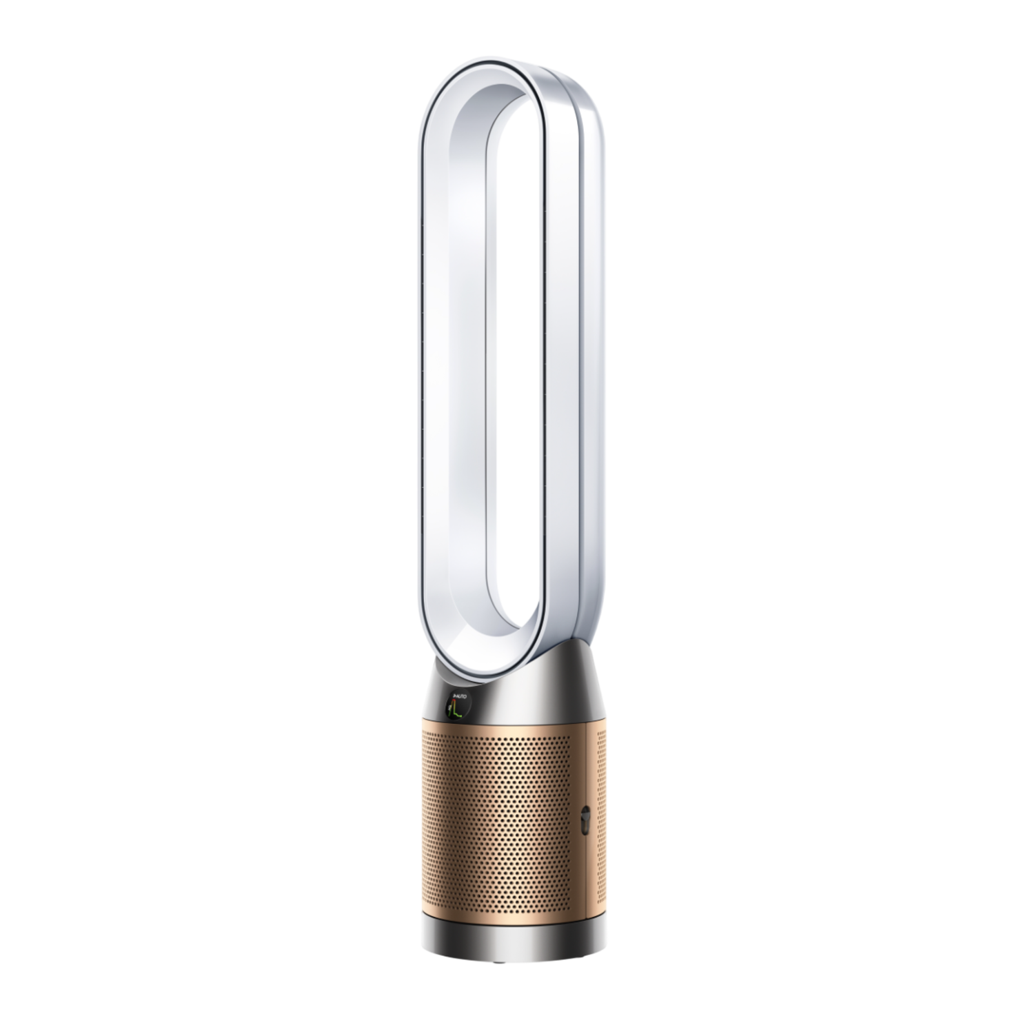 Dyson-ventilator. Wit en zilver, lang, ovaal ontwerp, met een bronzen voet.