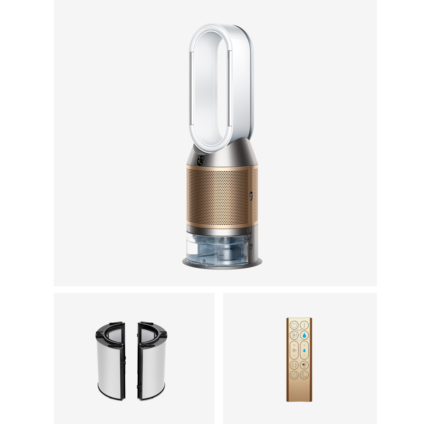 Dyson air purifier, filters, and remote control. The purifier is white and gold.