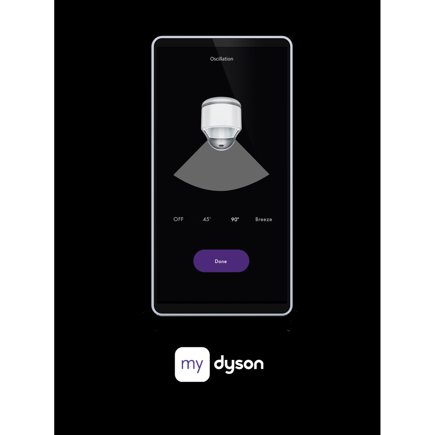 Phone screen showing Dyson fan control interface.