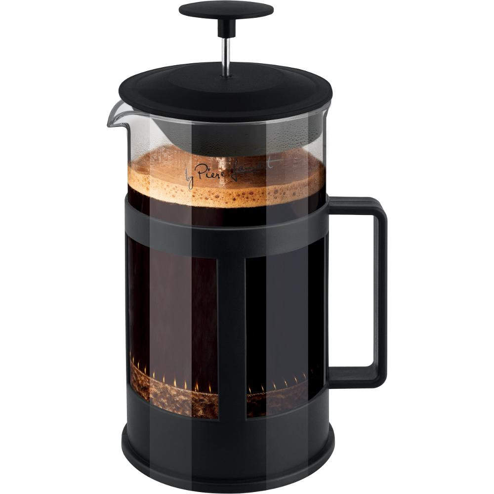 Fekete French press kávéval. Üvegtartálya és fekete fogantyúja van.