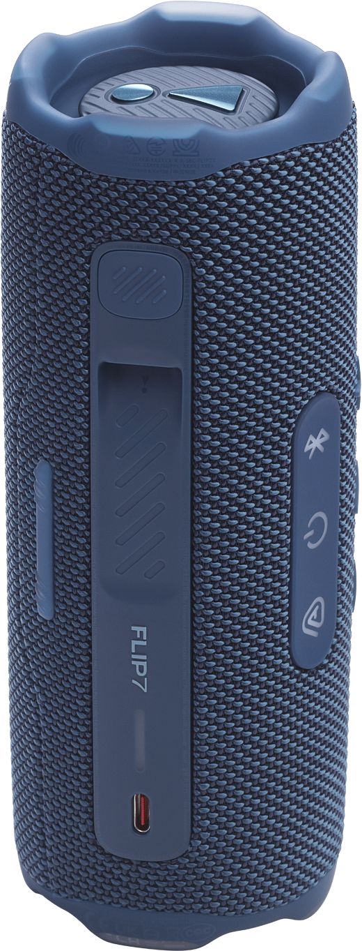 Kék JBL Flip 7 hangszóró függőleges képe, gombokat és a hangszóró rácsát mutatja.