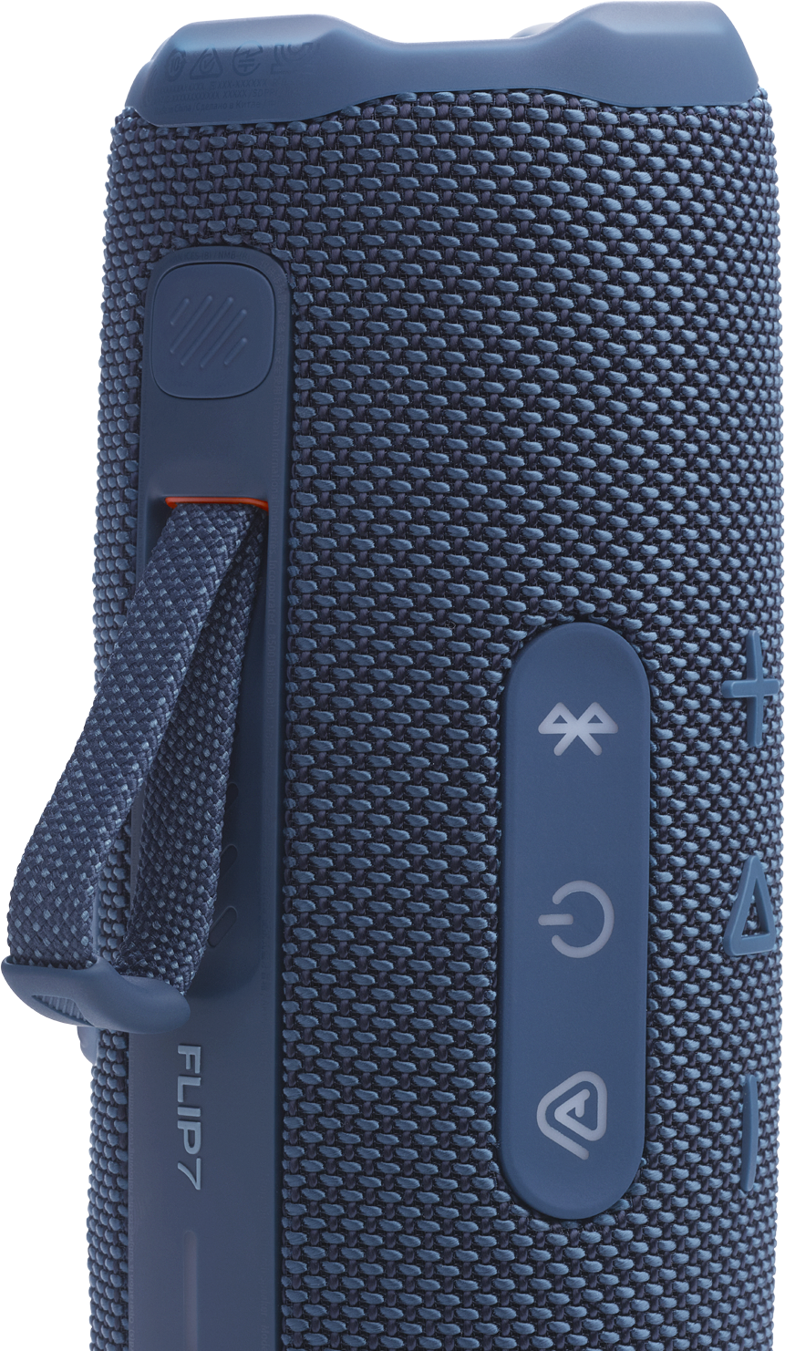 Közeli kép egy kék JBL Flip 7 hangszóróról, hurokkal, gombokkal és a 'Flip 7' szöveggel.
