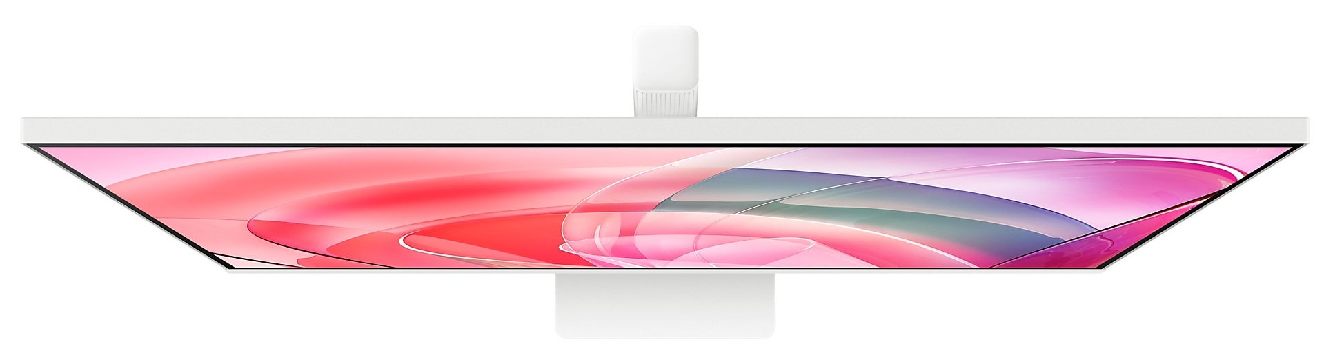 Biały monitor z różowym i fioletowym abstrakcyjnym wzorem na ekranie.