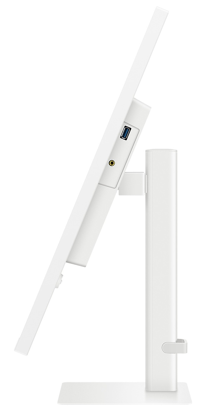 Widok z boku białego monitora komputera, pokazujący porty i podstawkę. Jest to minimalistyczny, nowoczesny design.