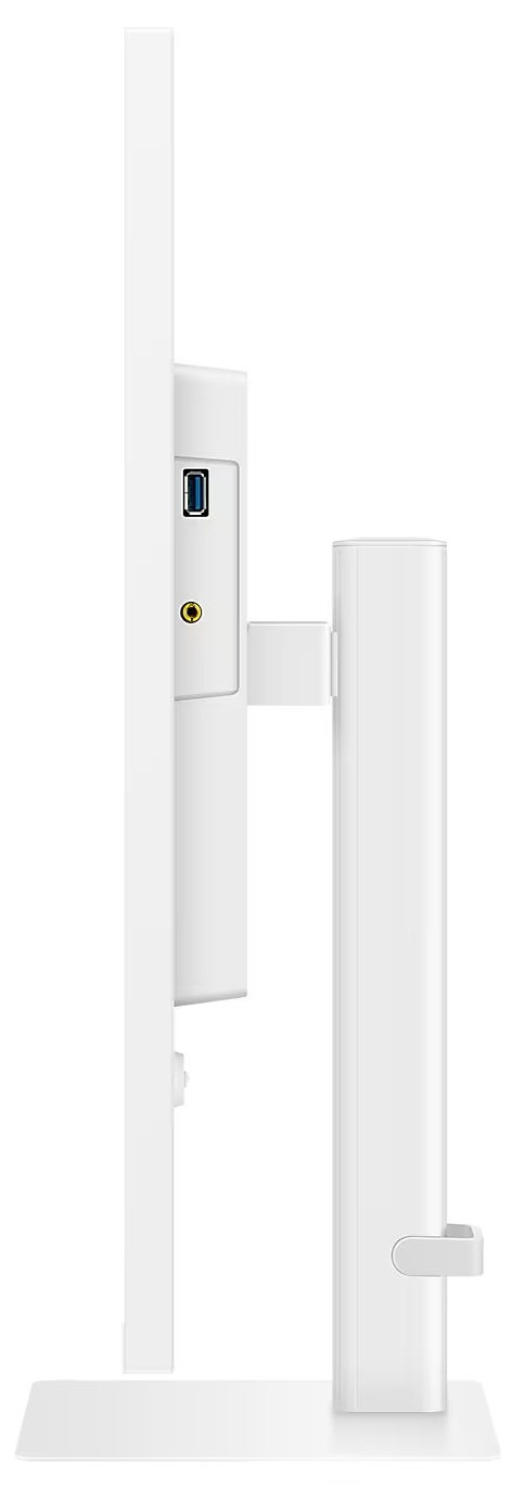 Biały monitor komputera z boku. Pokazuje porty i stojak.